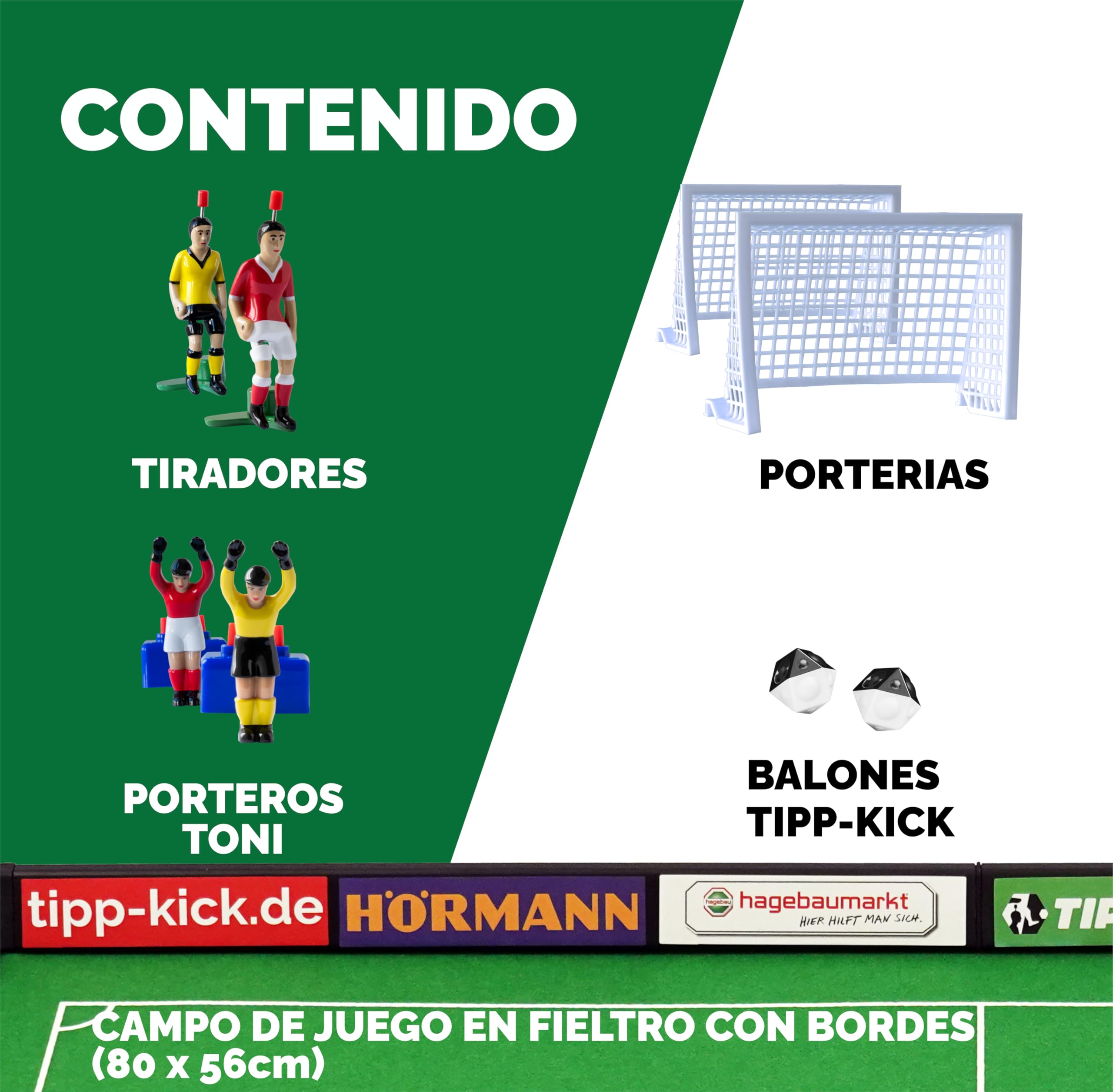 TIPP-KICK Junior Cup con Borde 82x56 cm – Futbolín Listo para Jugar con 2X Jugadores, 2X guardametas, 2X porterías de plástico, 2X balones I Terreno de Juego Hecho de Fieltro