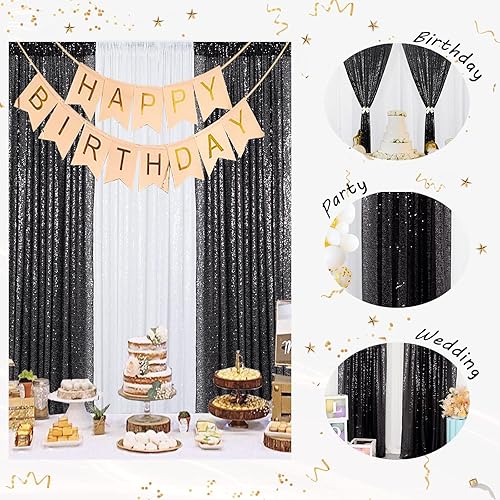 Miniatura 3 de ShinyBeauty Telón de fondo de lentejuelas negras  2 paneles de cortina con purpurina de 2 x 8 pies  Elegante decoración de fiesta y boda  Fondo de