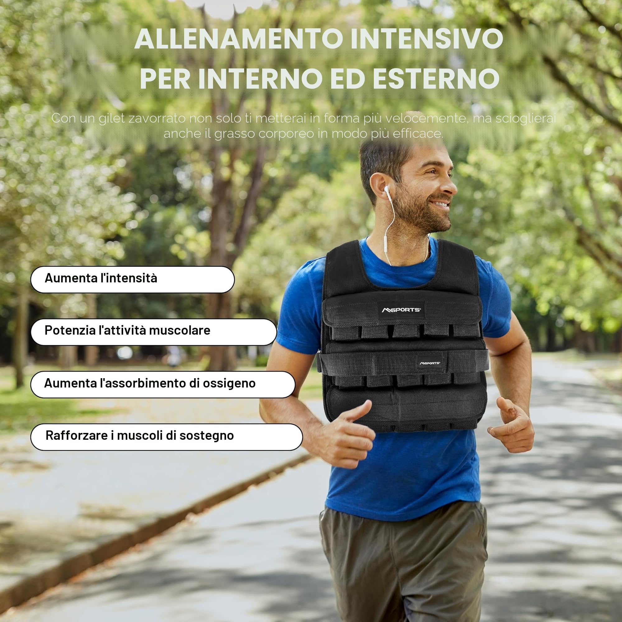 MSPORTS Gilet pesi premium regolabile da 5 kg – 30 kg di peso per allenamento della forza