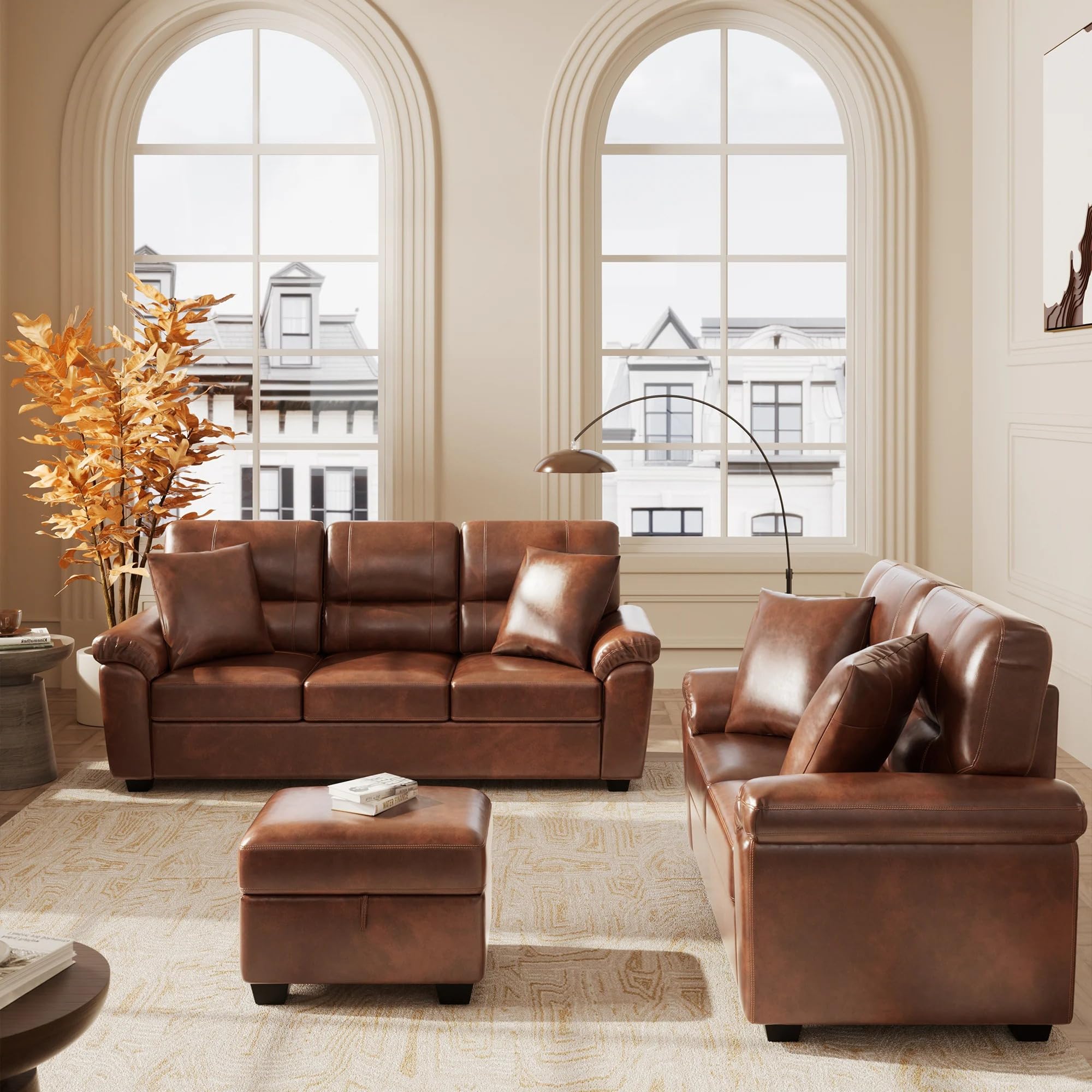 Caradel Anderson Leatherette 3+2 Seater Sofa with Ottoman-Tan | 5 Seater Premium Fabric Sofa Set for Living Room Office-image-4