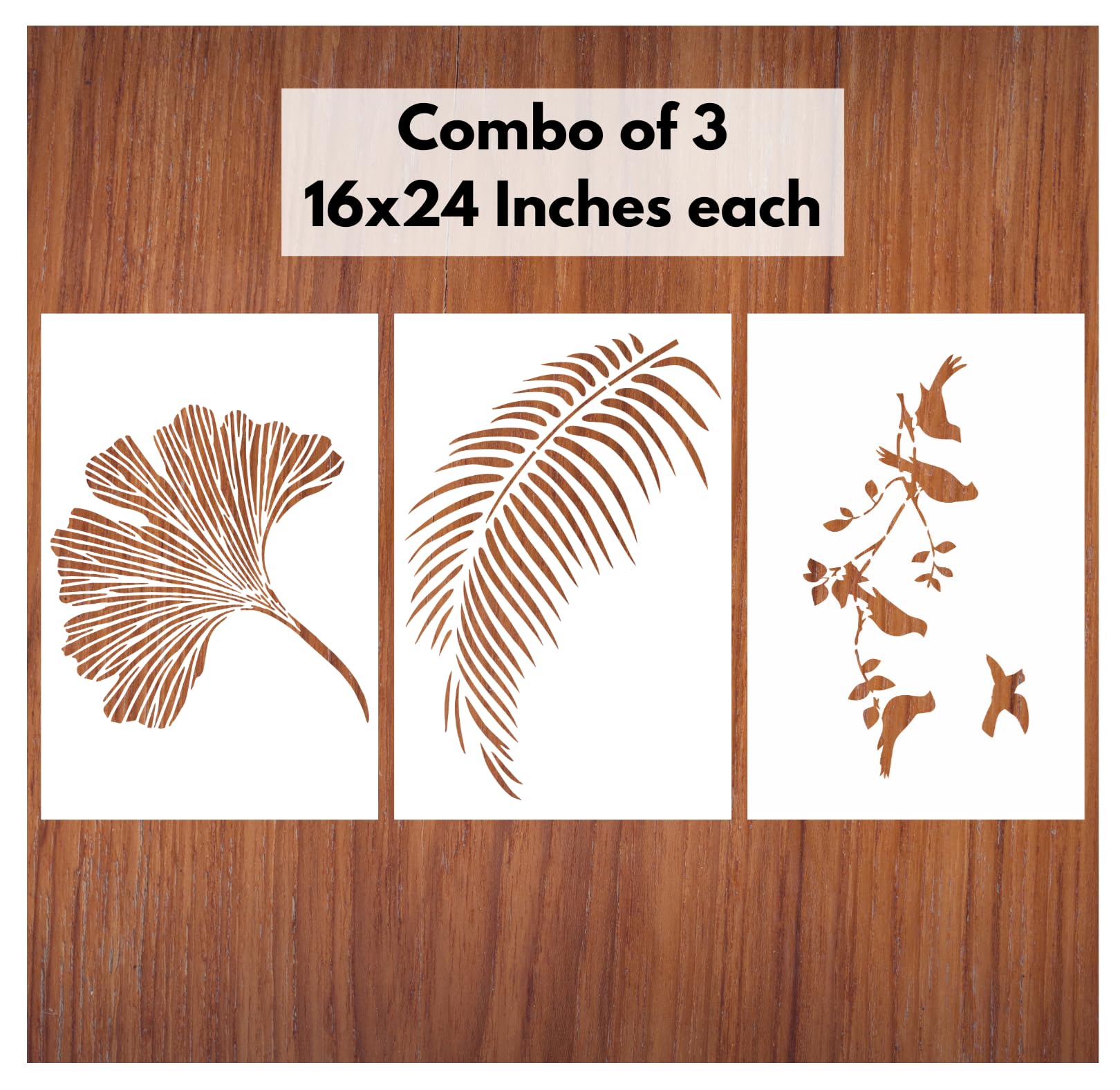 Stencil for Wall Painting Home Reusable Wall Stencil Designs Combo 3 of Metal Leaf, Feather Leaf, Bird on Branches (16 x 24 inch)