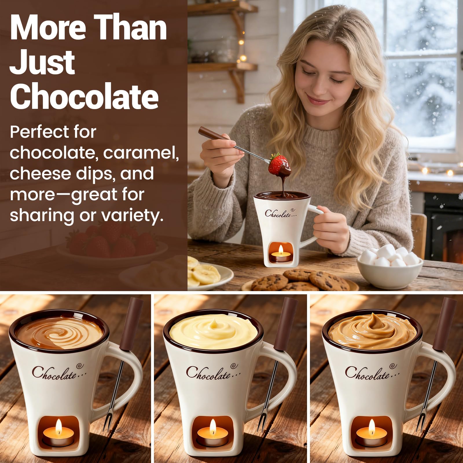 Chocolate Fondue Mug with Fork Set | Ceramic Chocolate Melting Cup | Personal Mini Cheese & Chocolate Melting Pot | Romantic Date Night Birthday Wedding Gift (White) — view 6