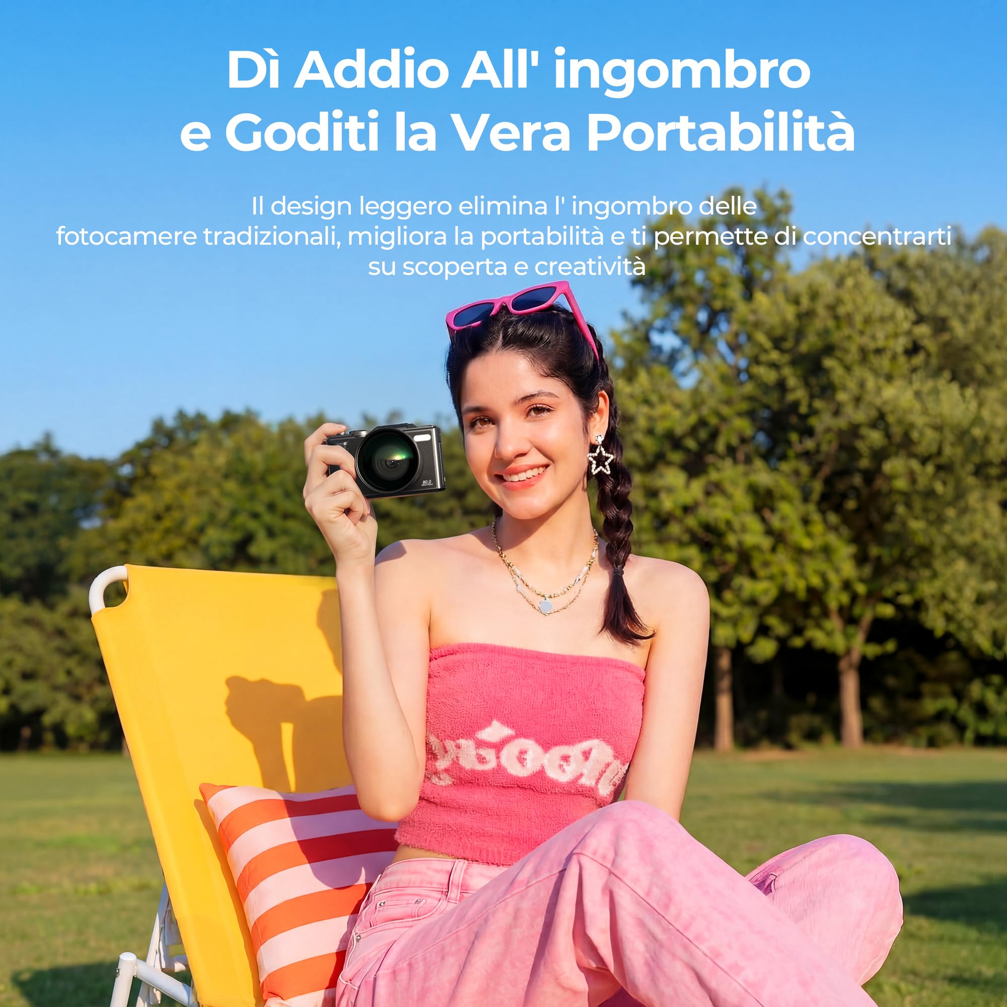 Fotocamera Digitale 5K 80MP WiFi & Autofocus, Videocamera Vlogging per YouTube, Schermo 3" 180° Ribaltabile, Zoom 18X, Compatta da Viaggio per Principianti e Ragazzi, incl. Scheda 64GB e 2 Batterie