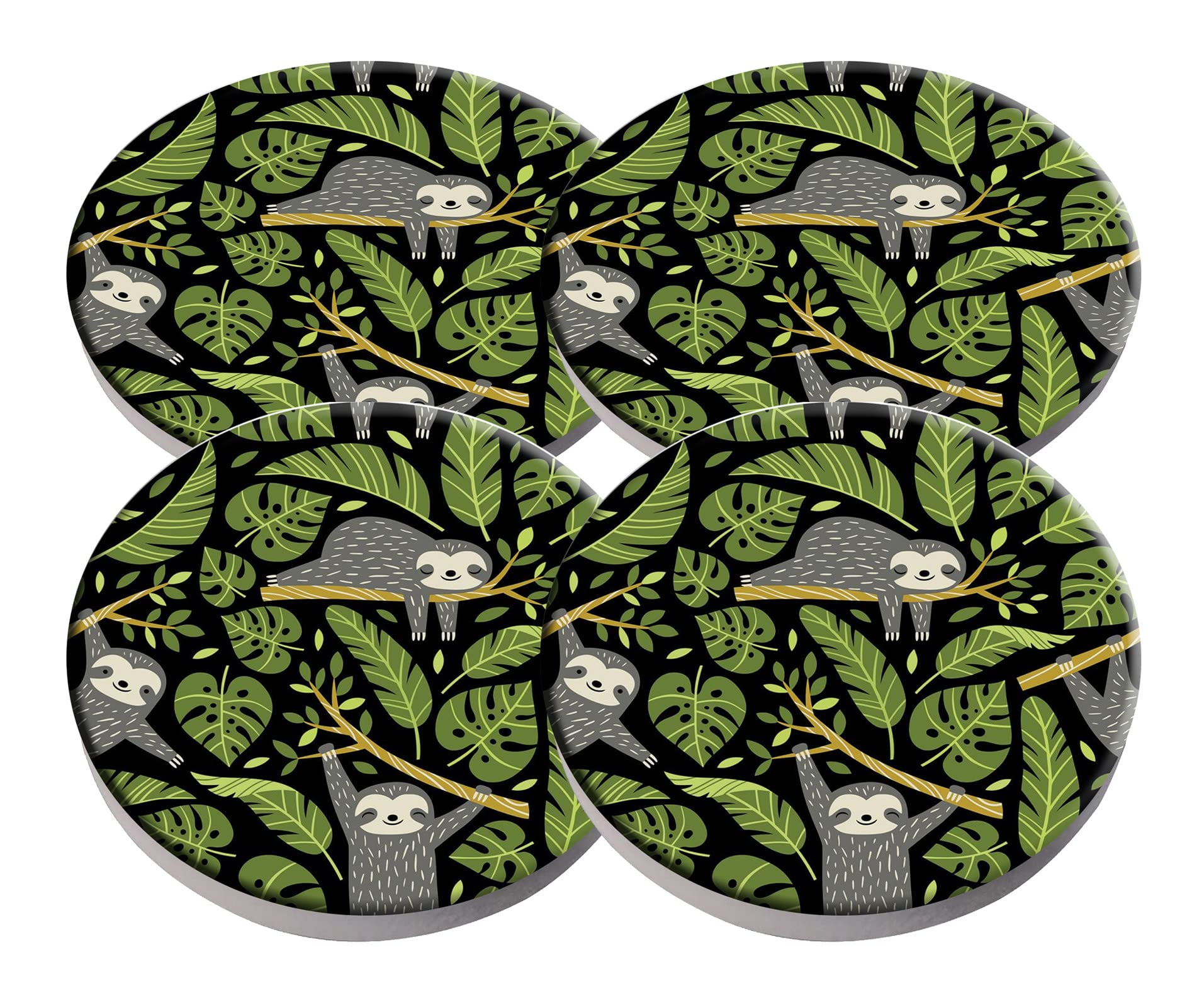 Vibiliyou 006 Tropical Palm Leaves Beverage Coaster Exquisite Cute Sloths Ceramic Coasters With Cork Liner,4 Pieces Sets