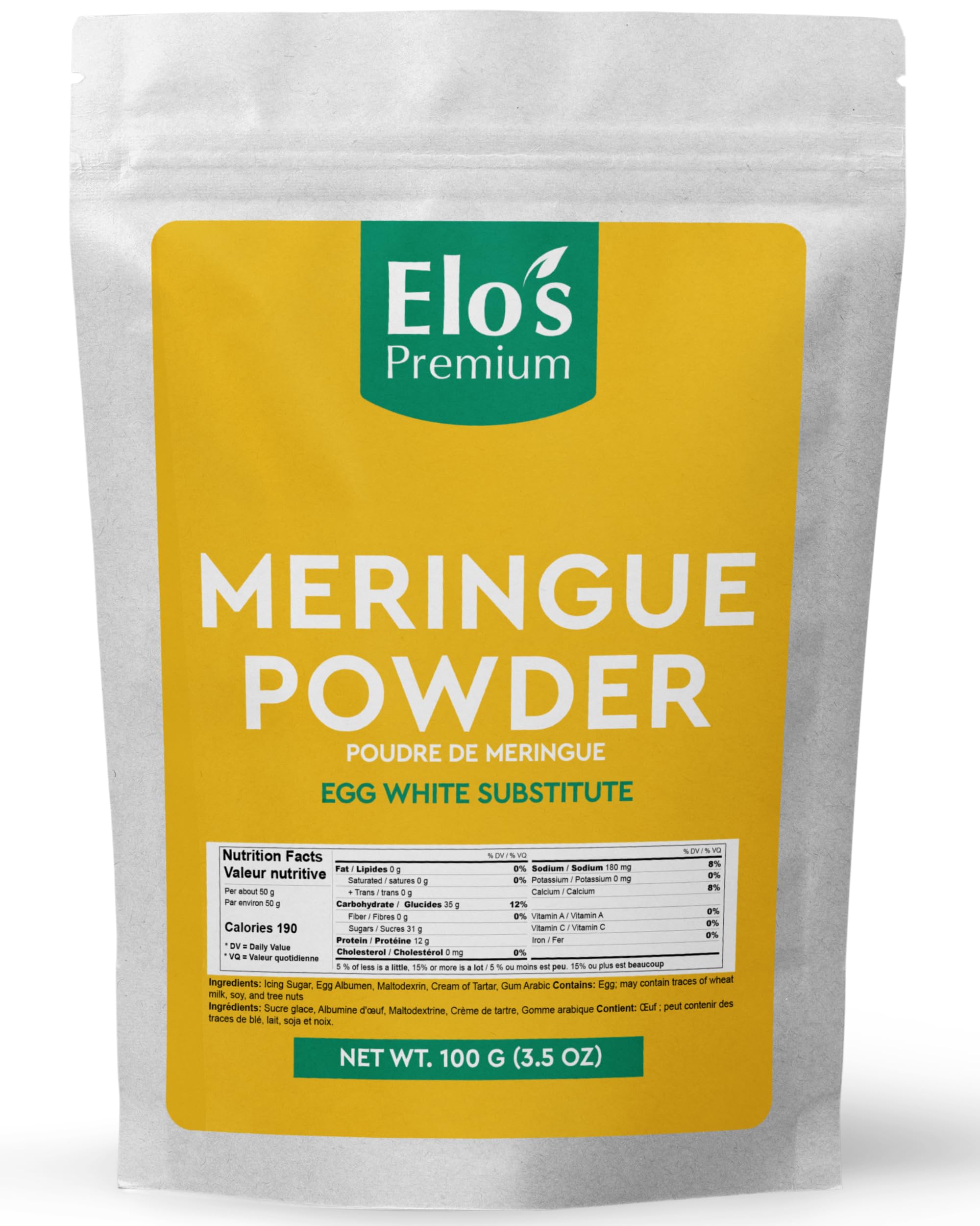 Meringue Powder (100g ) by Elo's Premium| 100% Food Grade Organic Meringue Powder | Packaged in Canada|Used as Instant Meringue Powder | Pure, Non-GMO, And Organic | Easy To Use Meringue Powder For Cakes, Cookies, and More