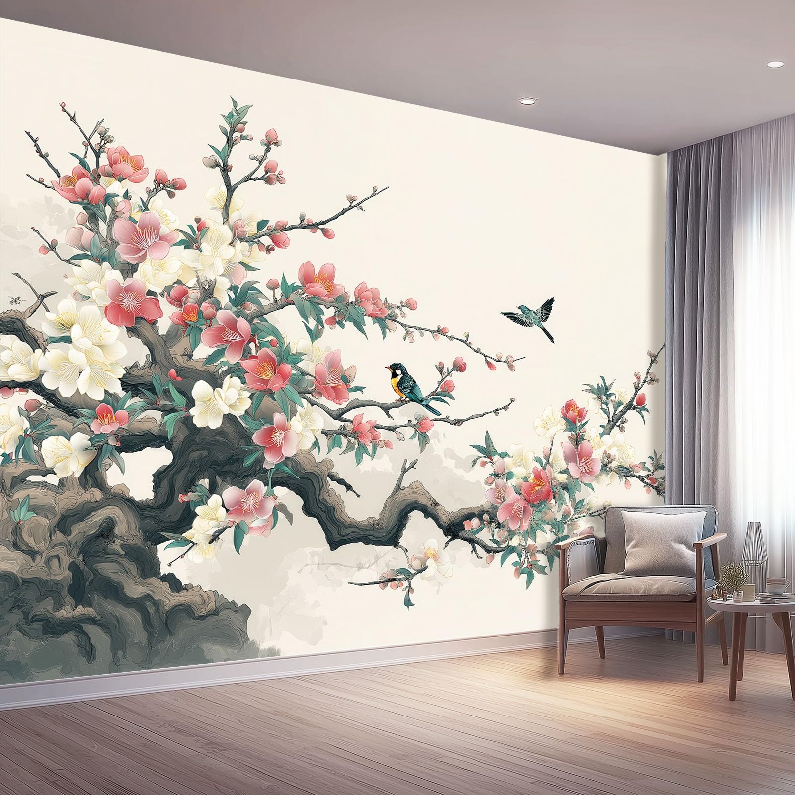 Papel pintado panorámico, 200 x 140 cm, papel pintado chino tradicional, flor rama pájaro en vuelo no tejido, tapicería decorativa para sala de estar, color rojo verde