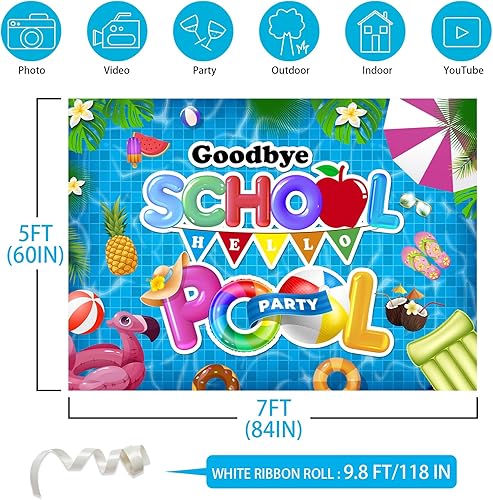 Miniatura 2 de Goodbye School Hello Pool Backdrop, 84 x 60 pulgadas  Fondo de fiesta en la piscina, telón de fondo escolar para el verano, telón de fondo de verano