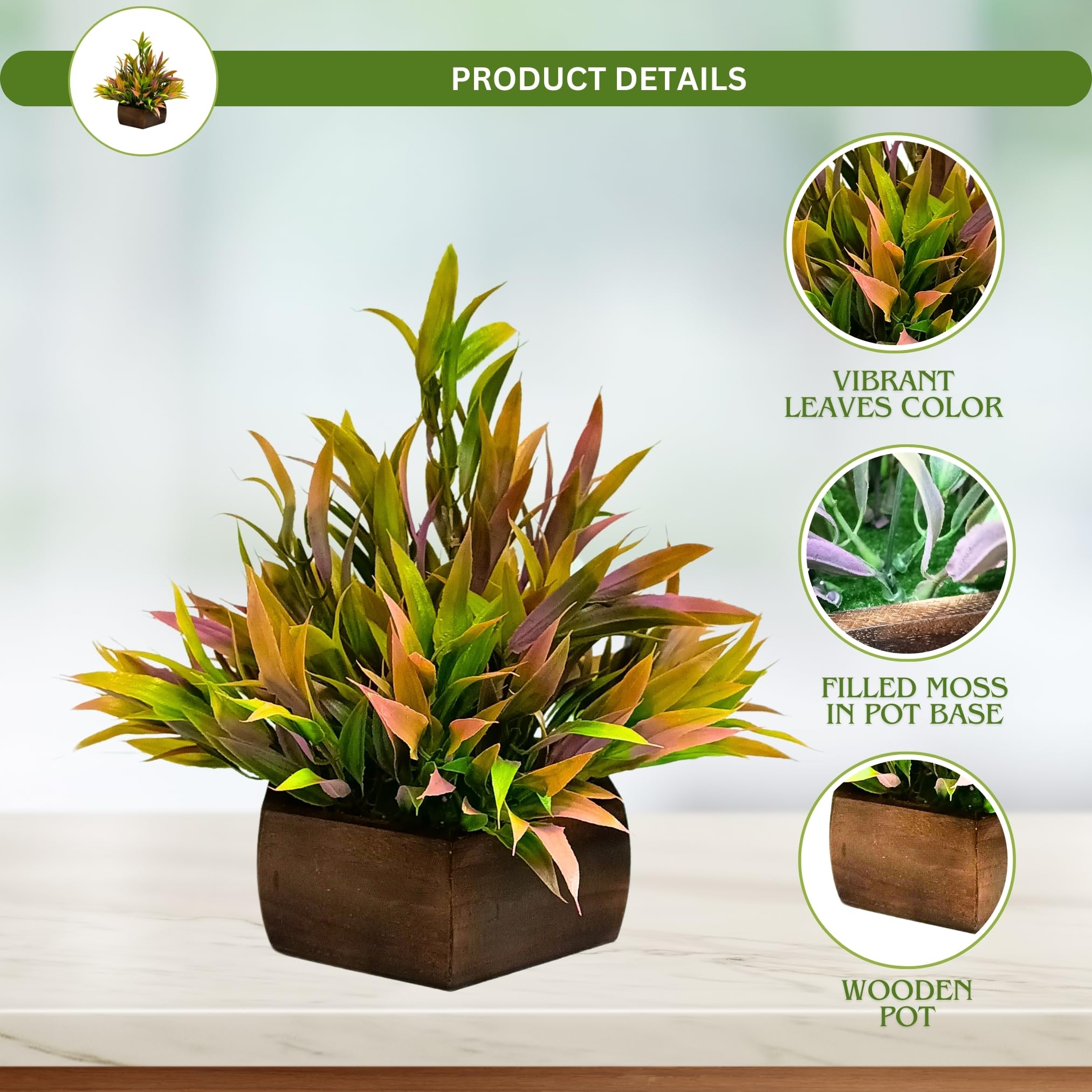 fancymart Artificial Bamboo Leaves Plant with Wood Pot (Multicolour