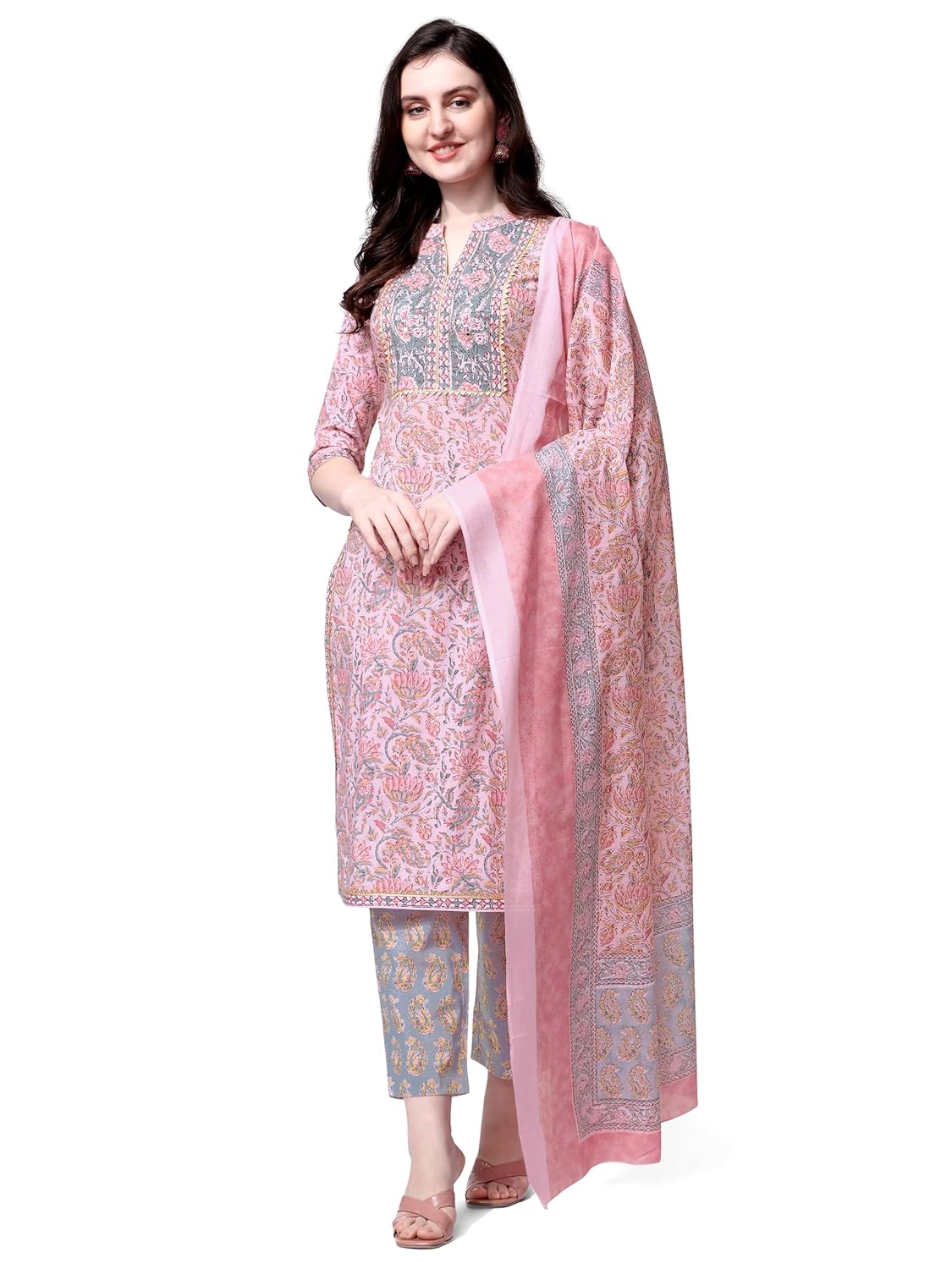 MIRCHI FASHION Women’s Designer Straight Fit Cotton Printed and Embellished Kurta Set with Trouser Pant and Dupatta