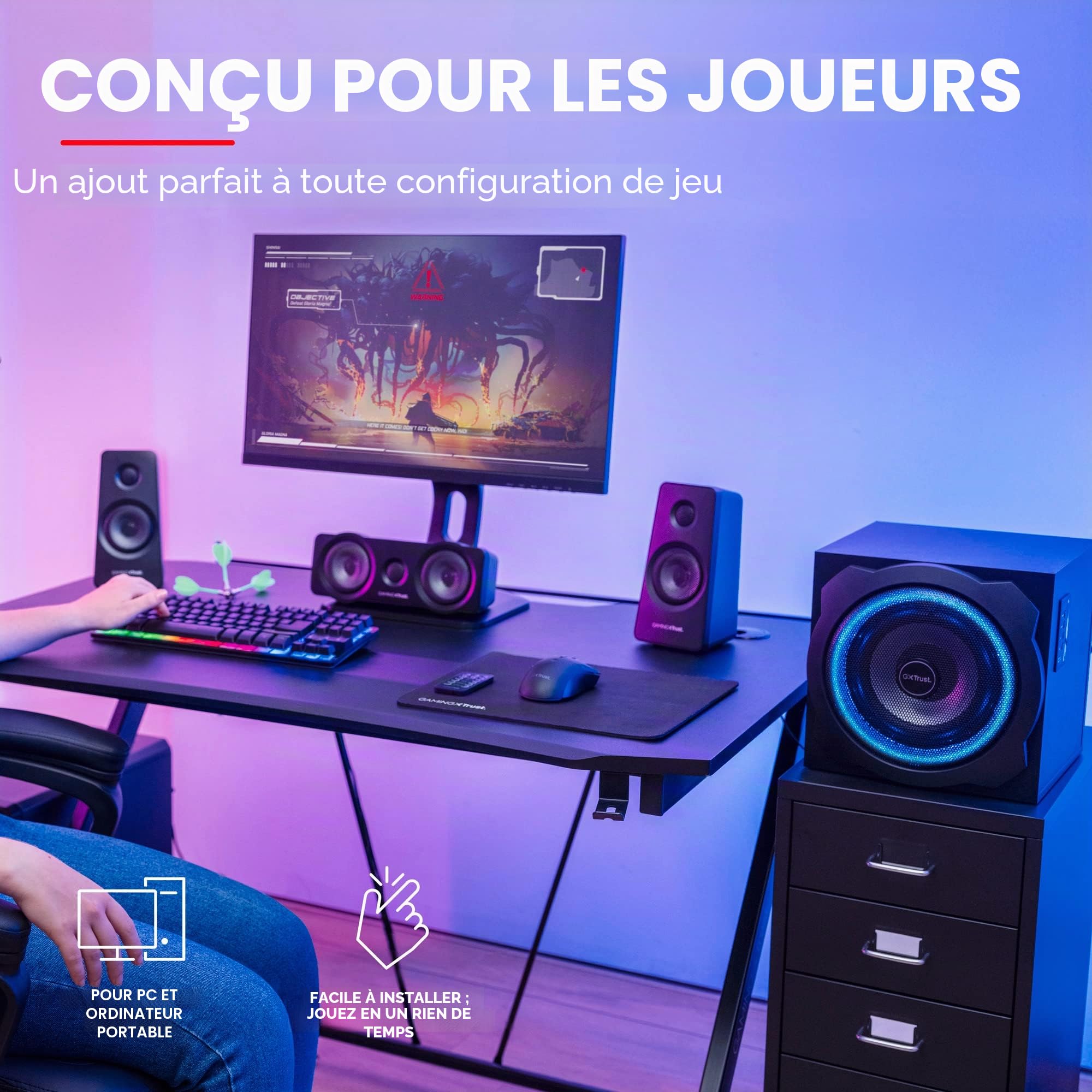 Trust Gaming GXT 658 Tytan Enceinte PC Gamer 5.1 180W Caisson de Basses LED Télécommande sans Fil Noir/Bleu