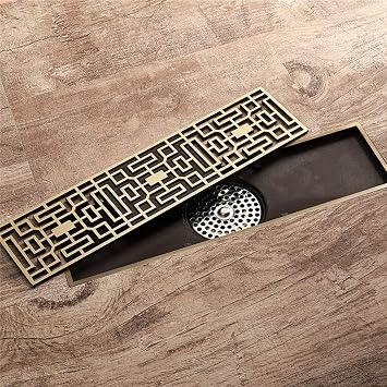 Linear Shower Drain,Brass Bronze Rectangle Shower Floor Drain 12 Inch Linear Drain with Pattern Grate Removable,
