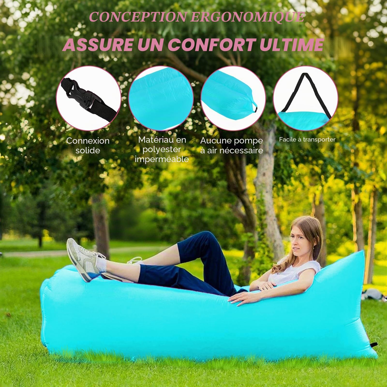 plplaaoo Lit Gonflable, Canapé Gonflable pour Voyager, Chaise de Plage de Camping en Plein Air Transats Gonflables Matelas à Air Pliable Portable pour Fêtes de Plage Camping en Plein Air (Bleu)