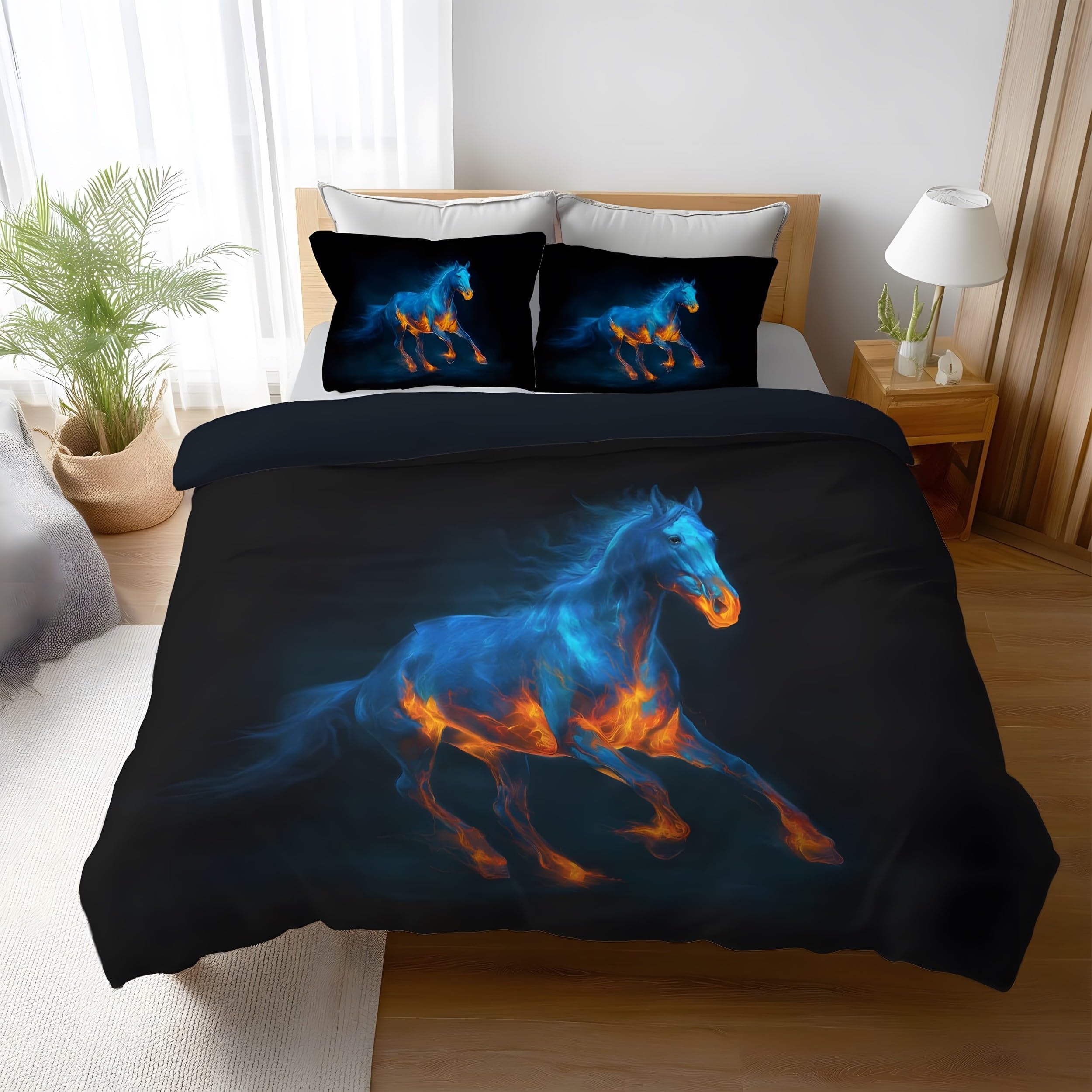 YZQGLHP Galloping Horse Super King Duvet Cover Blue & Orange Bedding Set Soft Cozy Microfibre Duvet Covers 260x220 with Zipper Closure and 2 Pillowcases 50x75cm