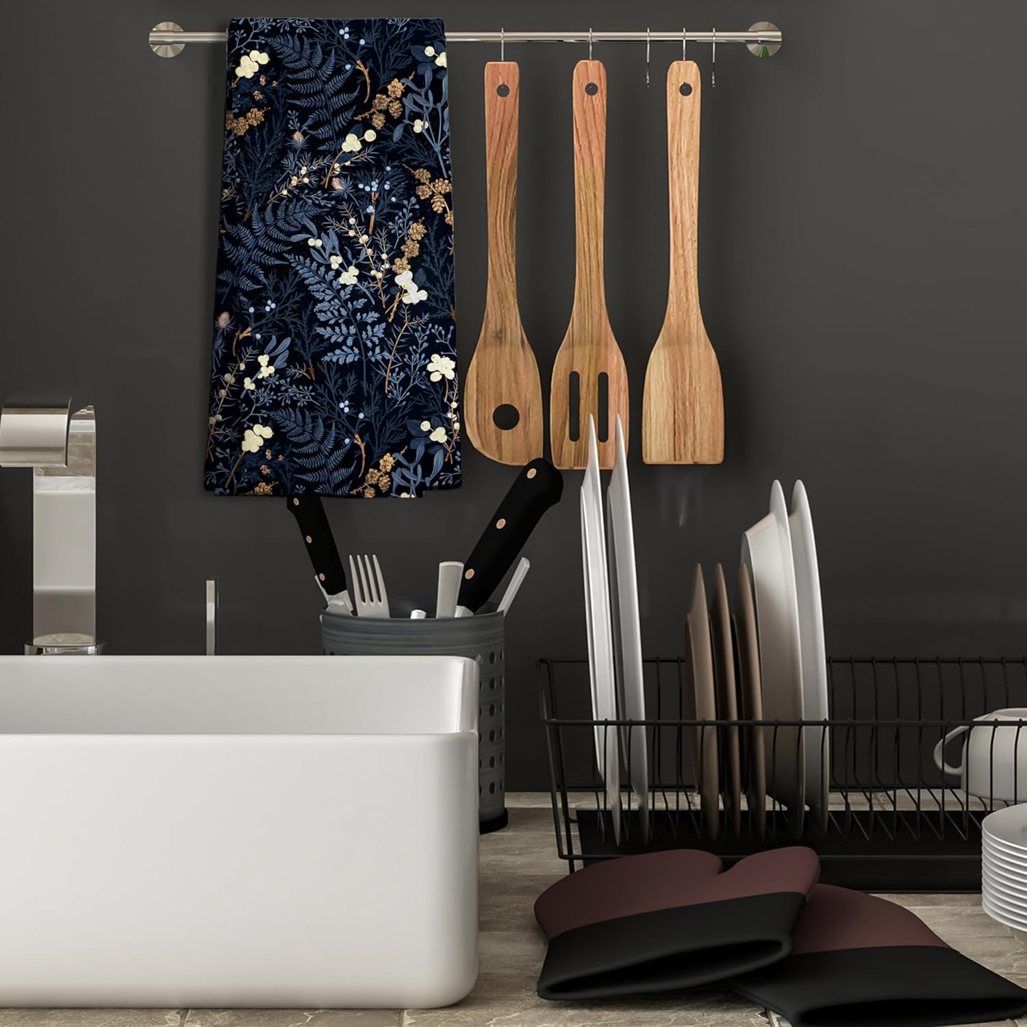 Vintage Navy Blue Floral Kitchen Towels, Dark Cottagecore Botanical Floral Hand Towels for Bathroom, Botanical Decor Dish Tea Towels for Kitchen, Cottagecore Bathroom Decor, 16x24 Inches - Image 5