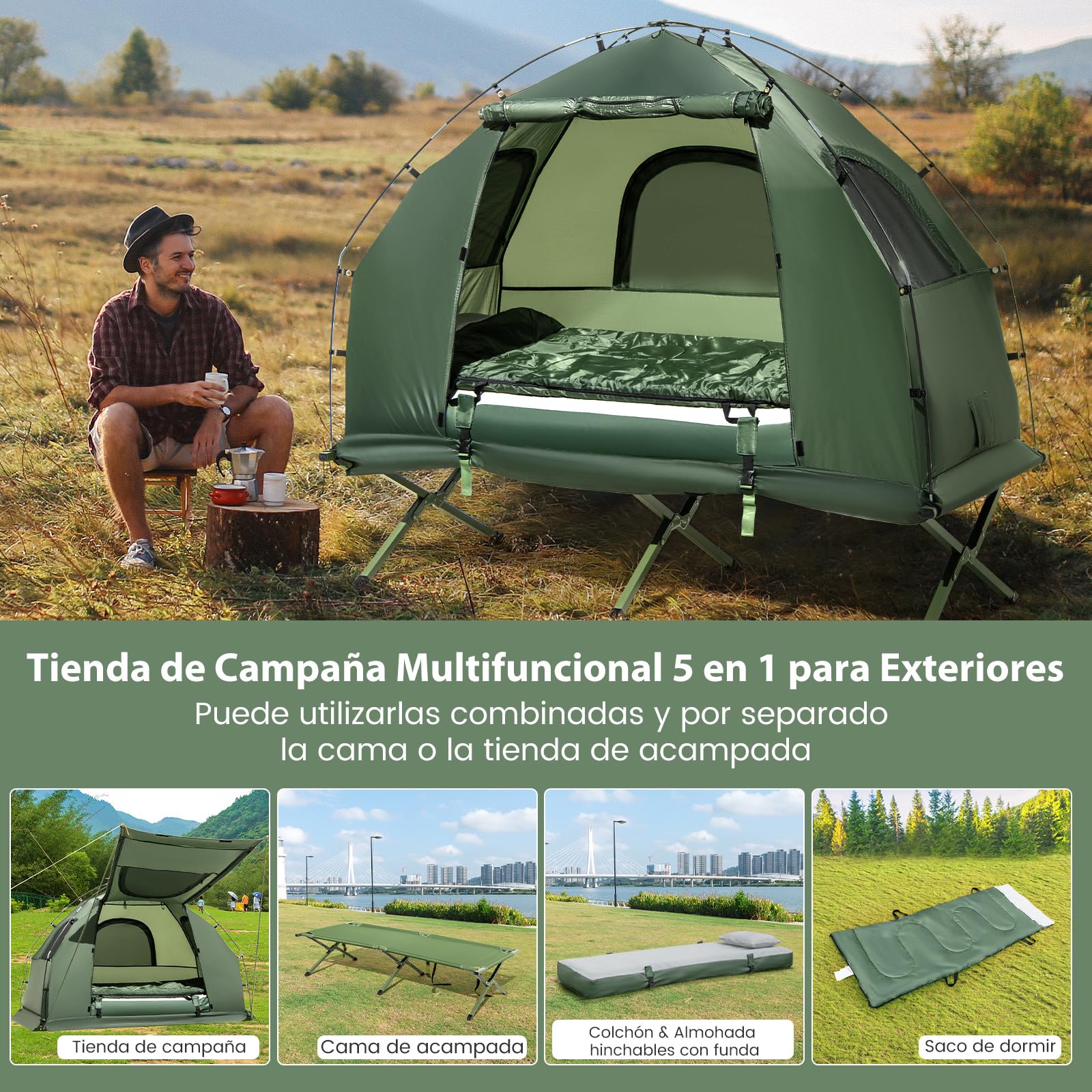 COSTWAY Tienda de Campaña para 1/2 Persona, 5 en 1 Tienda Camping con Cama Plegable Camping, Colchón de Aire, Almohada, Saco de Dormir, Tienda Iglú Impermeable Bolda de Transporte