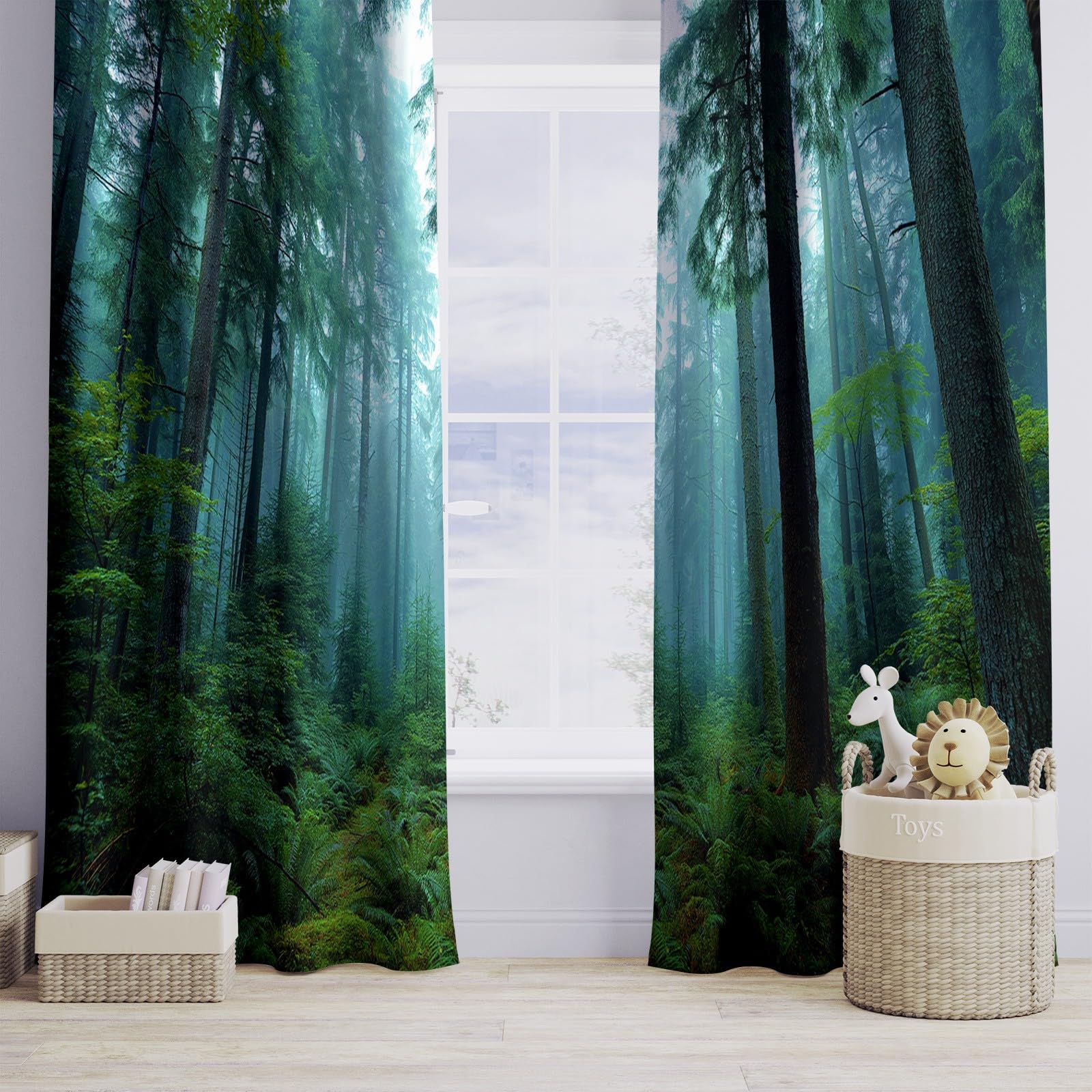 Verdunklungsvorhänge Wald Nebel Kinderzimmer Vorhänge Blickdicht, Dunkelgrün Thermovorhang mit Ösen, für Schlafzimmer Fenster & Balkon Geheimnis Bäume - 110 x 215 cm (2er Set)