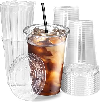 Fit Meal Prep 200 Pack 20 oz Plastic Iced Coffee Cups with Flat Lids and Black Straws, Disposable Clear Cup, BPA Free Cup for Party, Smoothie, Cold Drinks, Juice, Milkshake, Bubble Boba, Tea