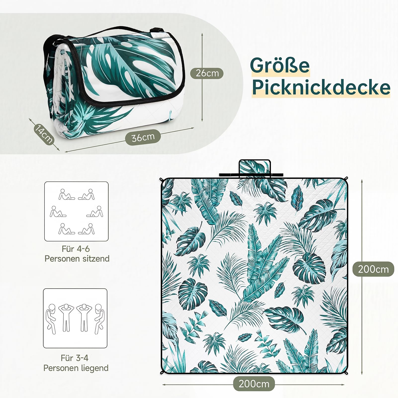HAUSPROFI Picknickdecke 200x200 cm, wasserdicht & isoliert - Outdoor Decke für Picknick, Strand, Camping, mit Baumwolle gepolstert, inkl. Tragegriff & Heringe, Tragbar, Waschbar & formstabil