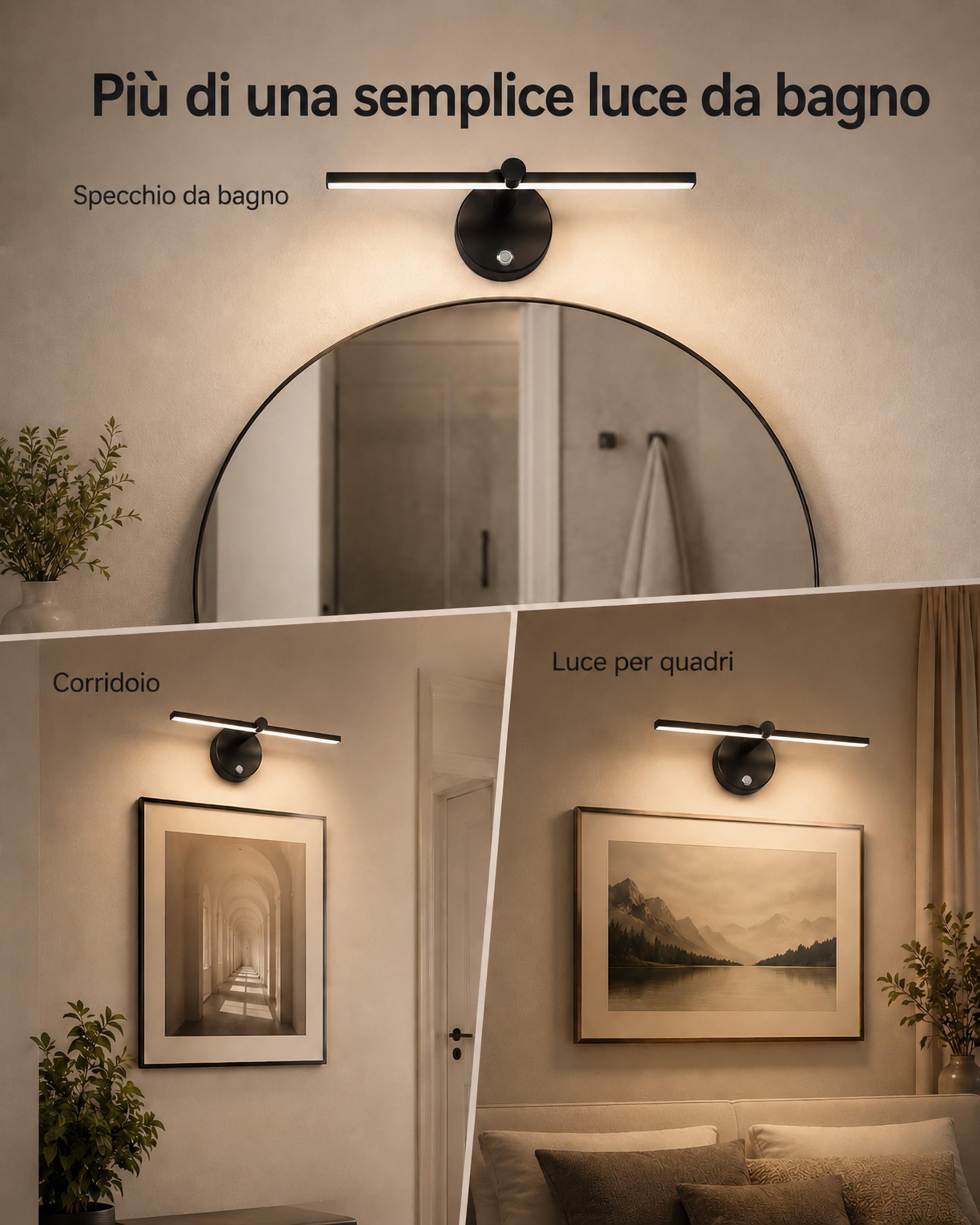 LANMOU Lampada Specchio Bagno, 41cm Luce Specchio Bagno LED con Interruttore, 600LM, 4000K Applique Dimmerabile Tocco, IP44, 300° Girevole, Nero