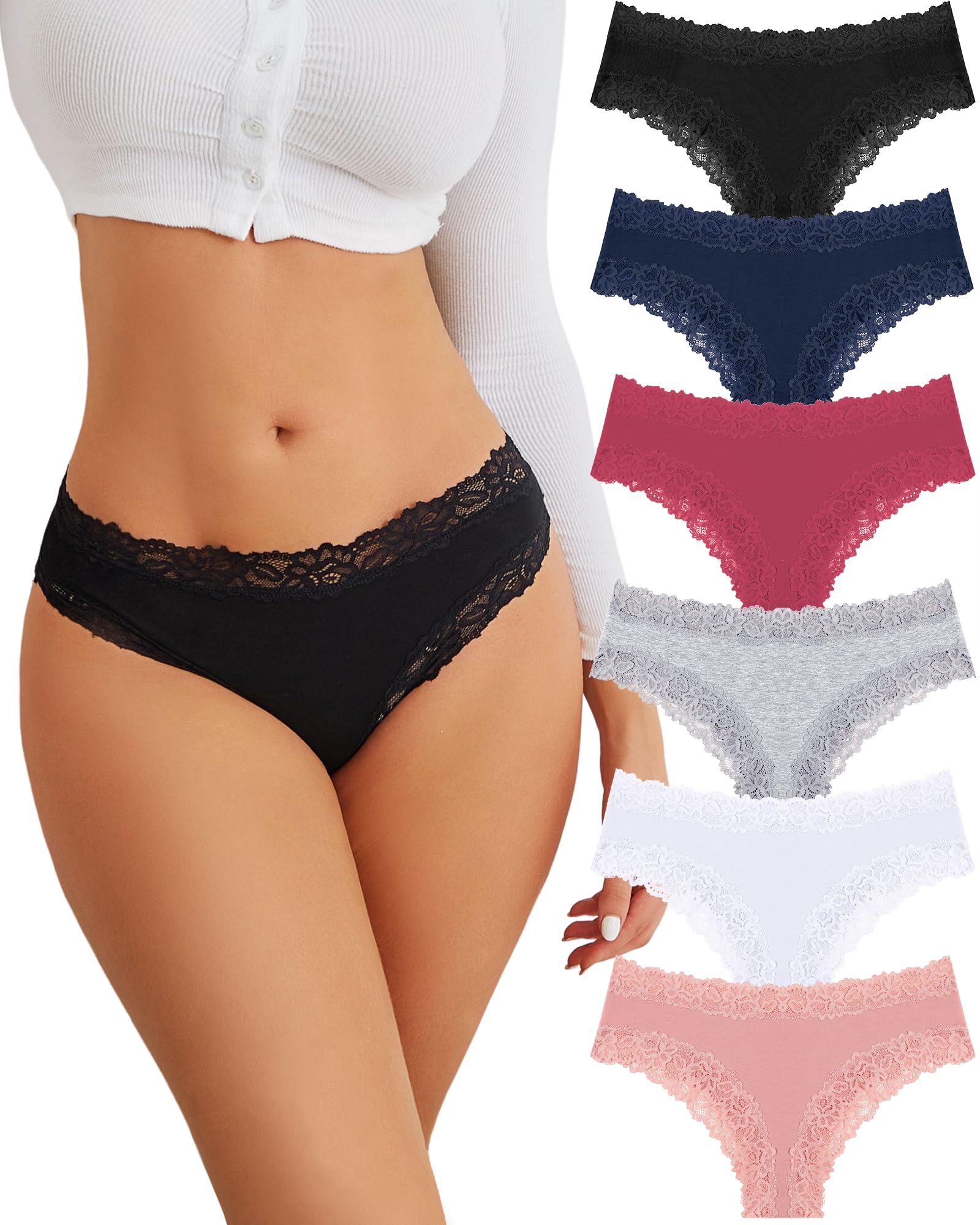 FINETOO Cotton Underwear for Women Sexy Panties Lace Hipster Low Rise Breathable Womens Cheeky 6 Pack S-XL: Black+dark Blue+red+gray+white+pink Small