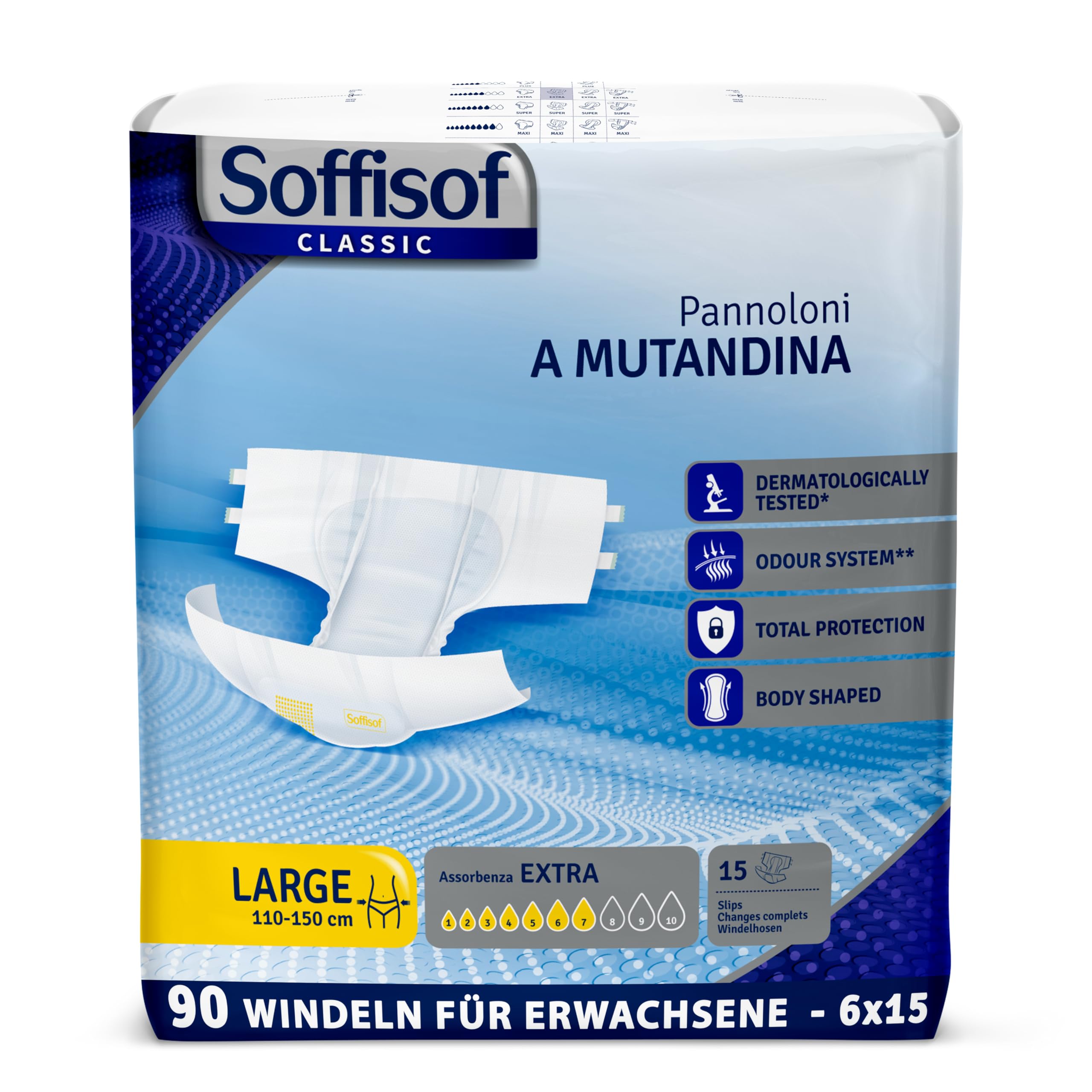 Soffisof Classic Windeln für Erwachsene Extra L - 90x Inkontinenz Windelslip - 6 Packungen mit 15 Erwachsenen Windeln, 7 Tropfen - Inkontinenz Schutzhosen