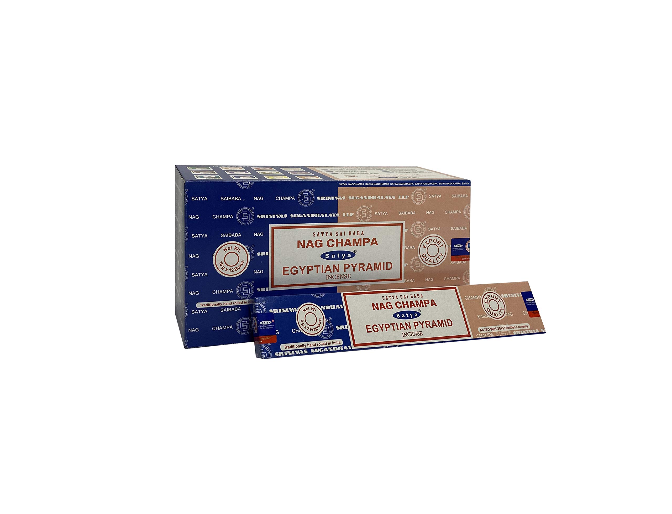 Satya 01314 Nag Champa & Eqyptian Pyramid Combo Set of Incense Sticks, 12 Packs x 16g, Multi, One Size