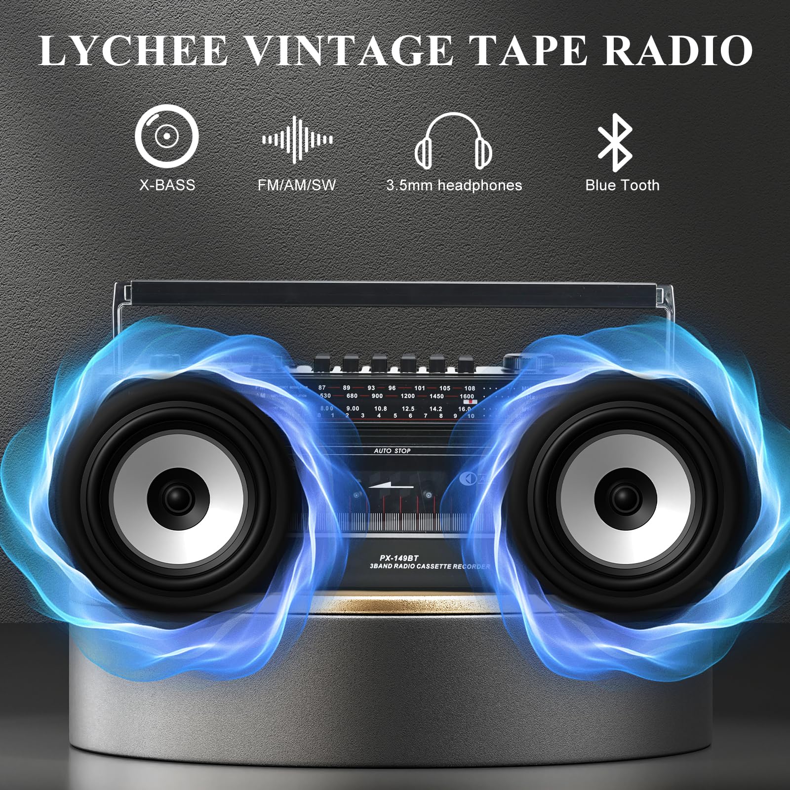 Lychee Enregistreur à Cassettes Portable, Enregistreur à Cassettes Vintage avec Radio AM/FM/SW, Haut-Parleur intégré, AC/DC, Prise Casque 3,5 mm, supporte Carte SD/entrée USB (Noir)