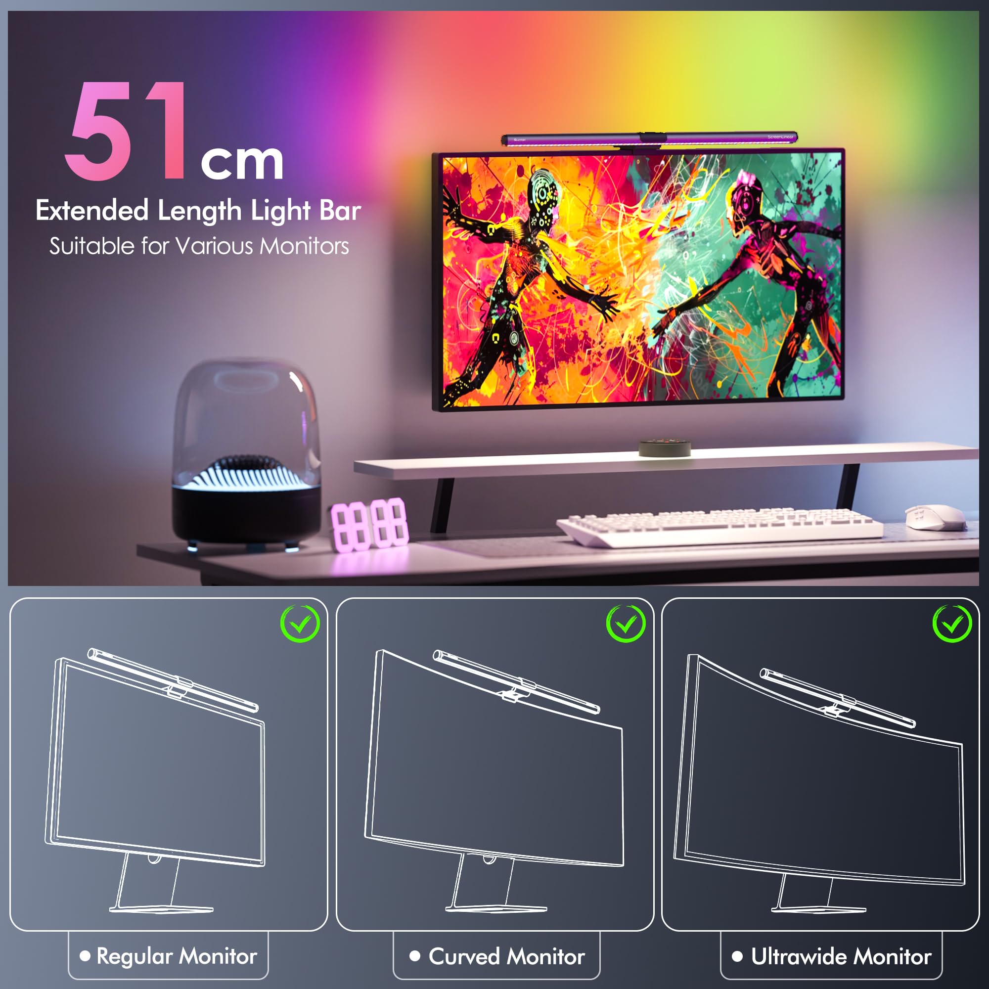 Quntis 51CM Luz Monitor con Retroiluminación Rgb, Lámpara de Monitor Remota con 15 Modos de Retroiluminación, Regulable y Antideslumbrante, Luz Ordenador para Todos los Monitores