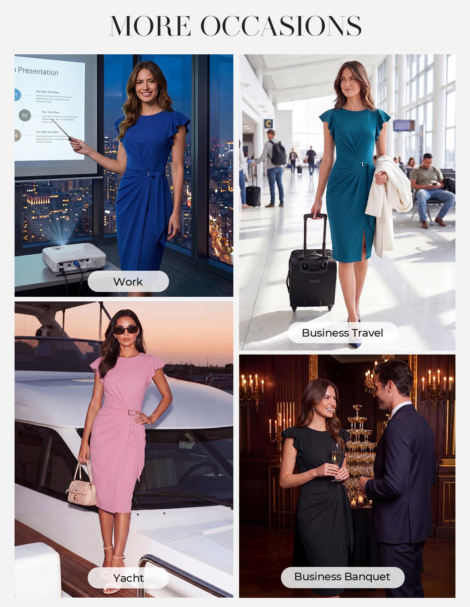 GRACE KARIN Elegancka sukienka damska, okrągły dekolt, falbanki, sukienka kopertowa, sukienka damska, biznesowa, odświętna sukienka z etui, długość do kolan