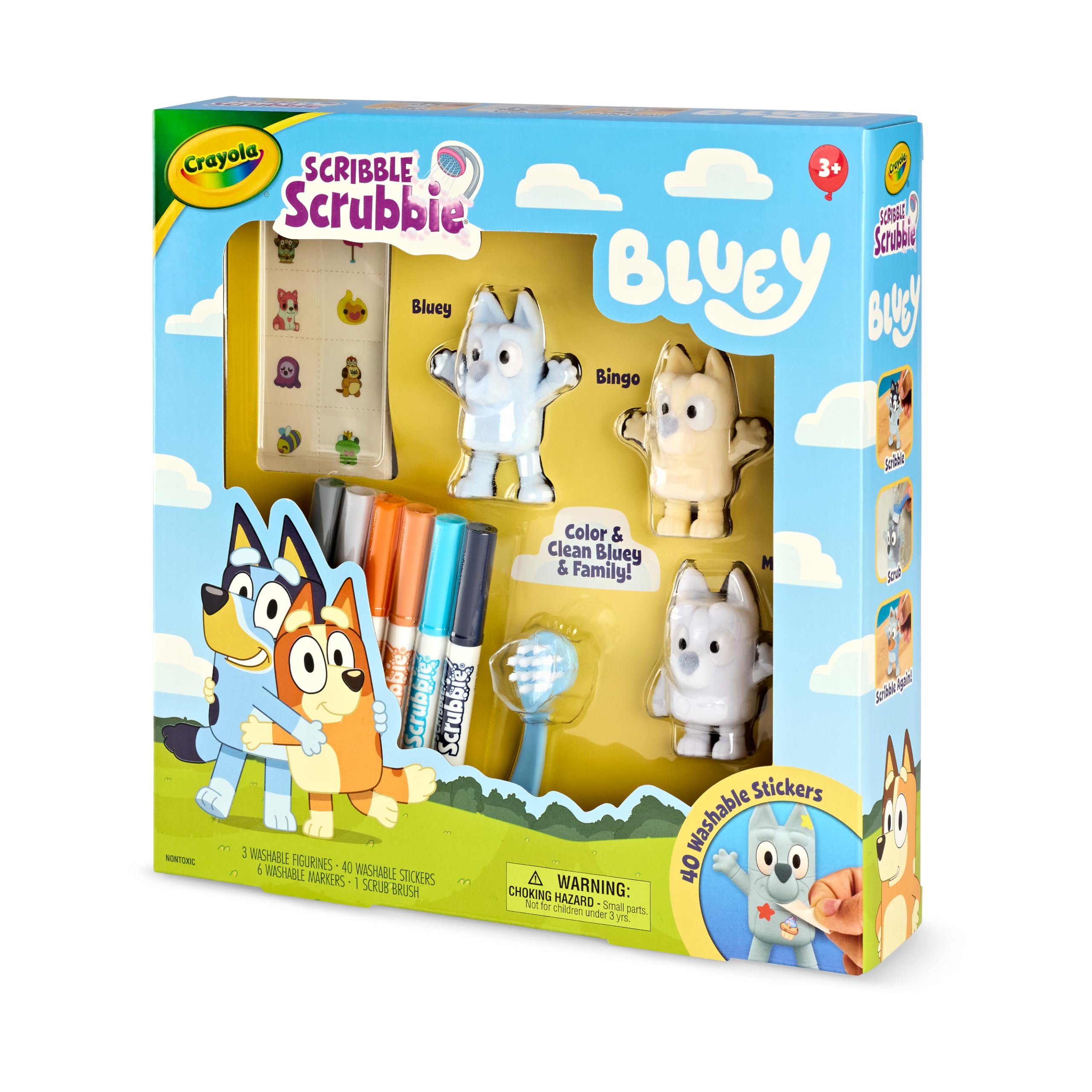 Crayola Scribble Scrubbies Deluxe Bluey Playset (3 ct), Kit Artistico e Artigianato per Bambini, Adesivi Lavabili, Giocattoli Blu, per Nipoti, dai 3 Anni in su