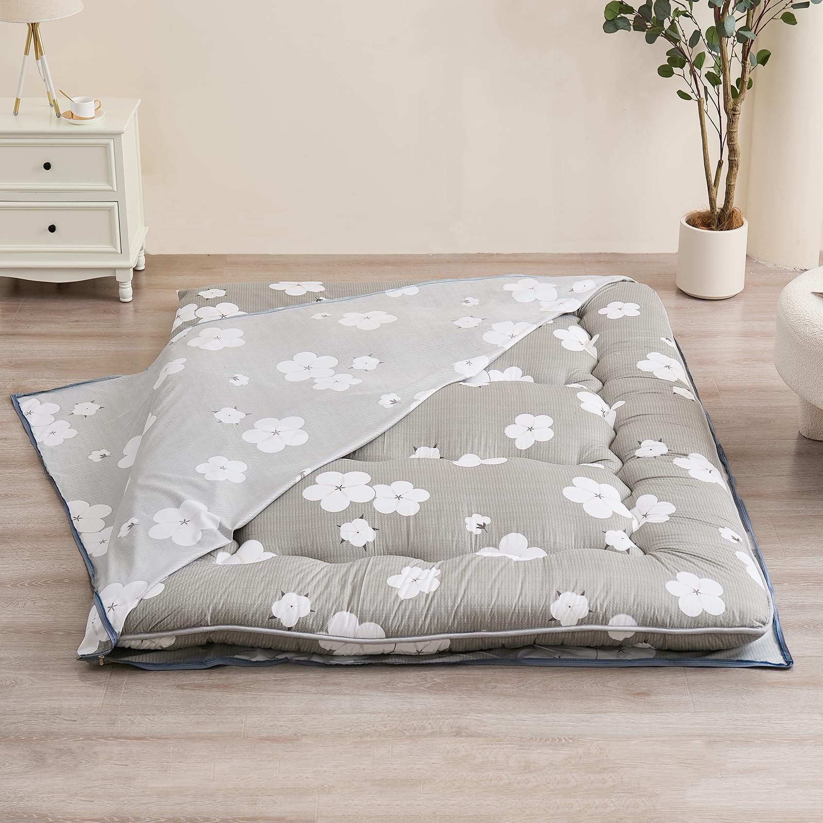 Zelladorra Futon Mattress Cover, Zippered Japanese Floor Mattress Protector, Machine Washable (Grey Cotton, Full)