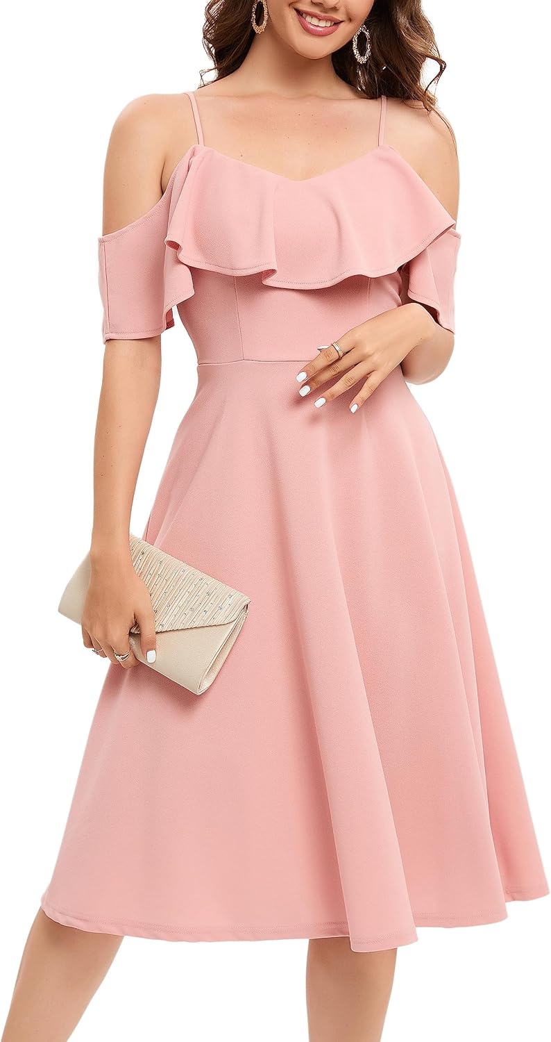 Bbonlinedress Womens Off The Shoulder Cocktail Dress, Formal Wedding Guest Prom Party Homecoming Graduation A-line Midi Dress