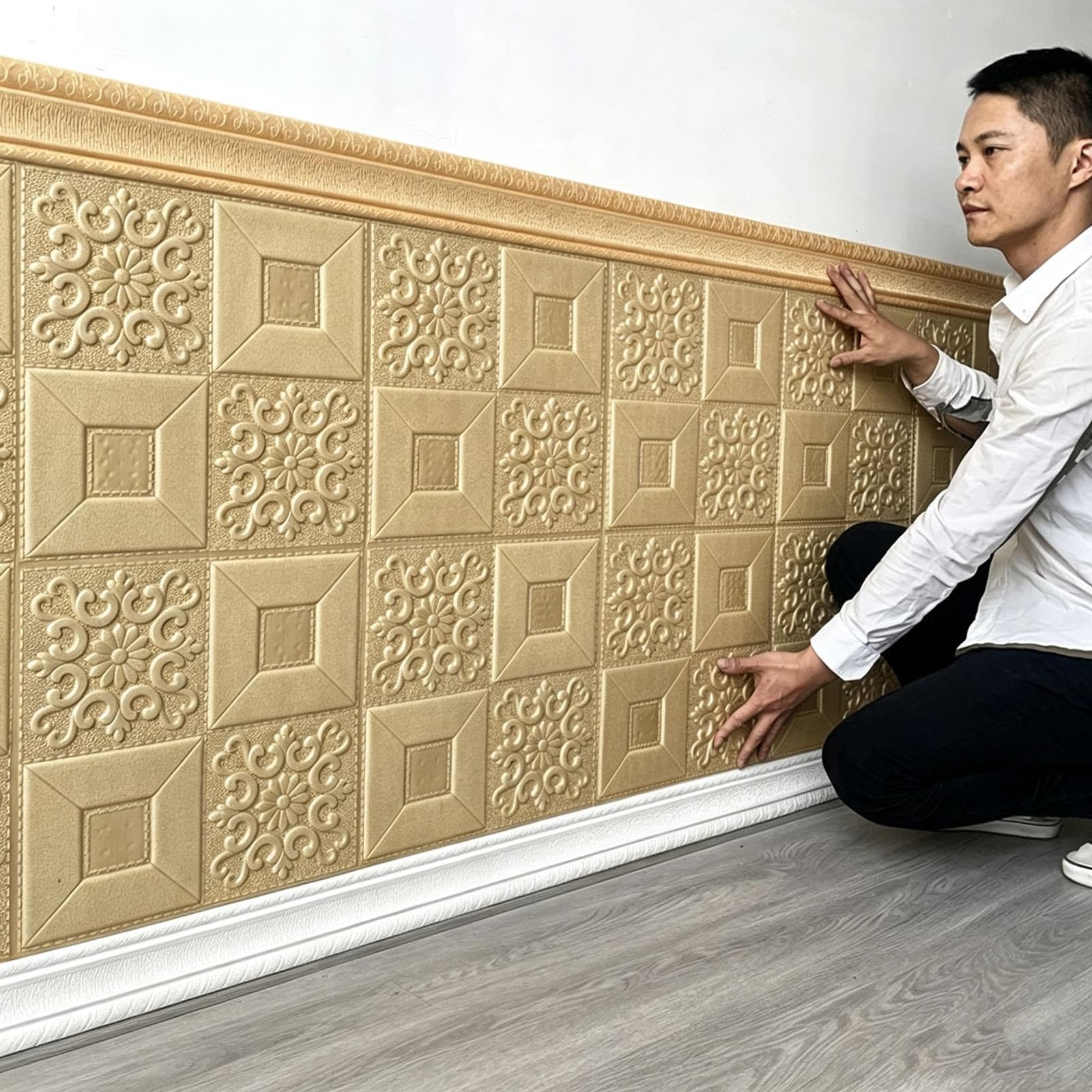 Carta da parati adesiva 3D effetto mattone in schiuma | Schiuma PE impermeabile per decorazioni murali, mattoni decorativi e arredamento moderno(Gold,10PCS)