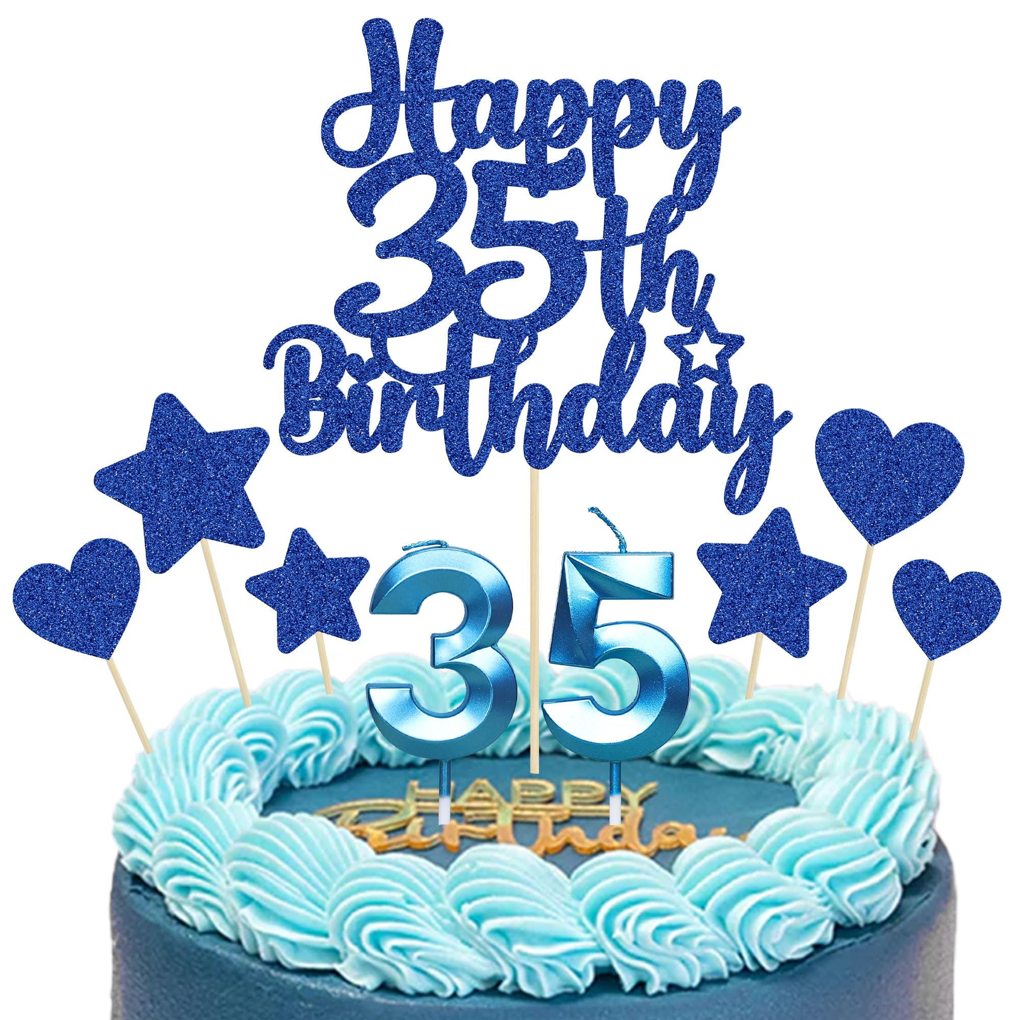 Gyufise 15Pcs Happy 35th Birthday Cake Topper Set with Heart Star Glitter Cheers to 35 Years Cake Picks Number 35 Candles Cake Decorations for Happy 35th Birthday Anniversary Party Supplies Blue