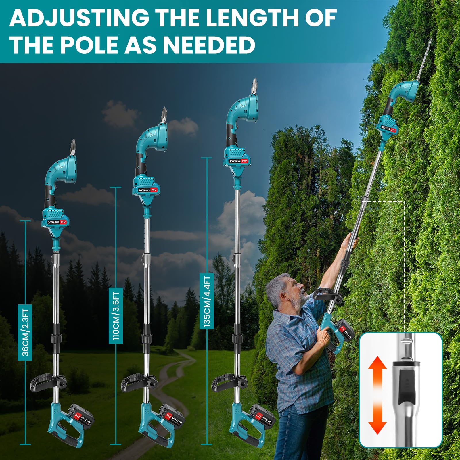 Cortasetos Batería con Pértiga Telescópico 3 en 1 con 2 * 3000 mAh Baterías, Cortasetos Bateria Recargable, Longitud de Sierra 200 mm/99mm Cuchillas