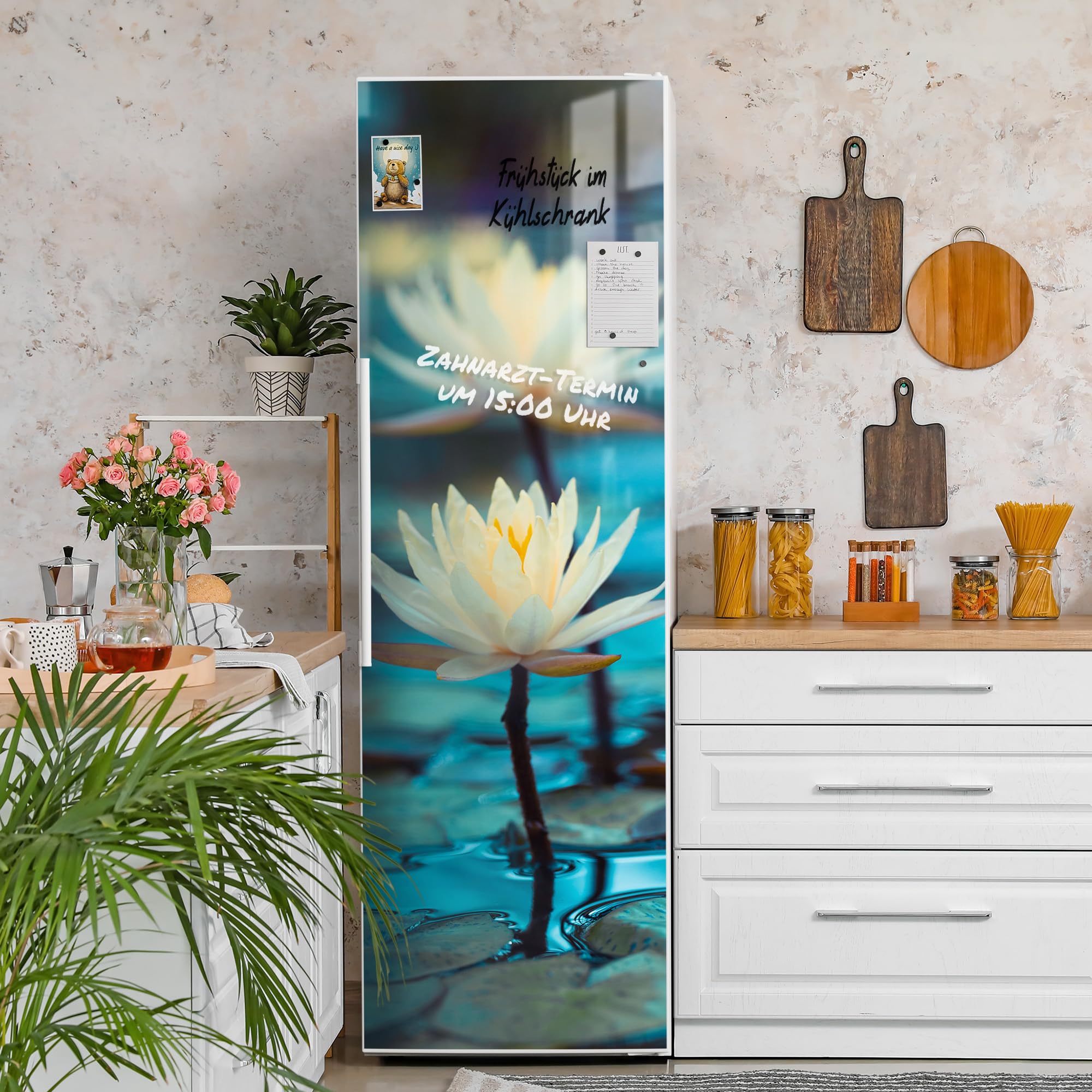DEQORI Pellicola magnetica per frigorifero, 60 x 190 cm, motivo ninfee, serenità, tappetino magnetico decorativo per congelatore, pellicola decorativa magnetica, autoadesiva, magnetica e scrivibile