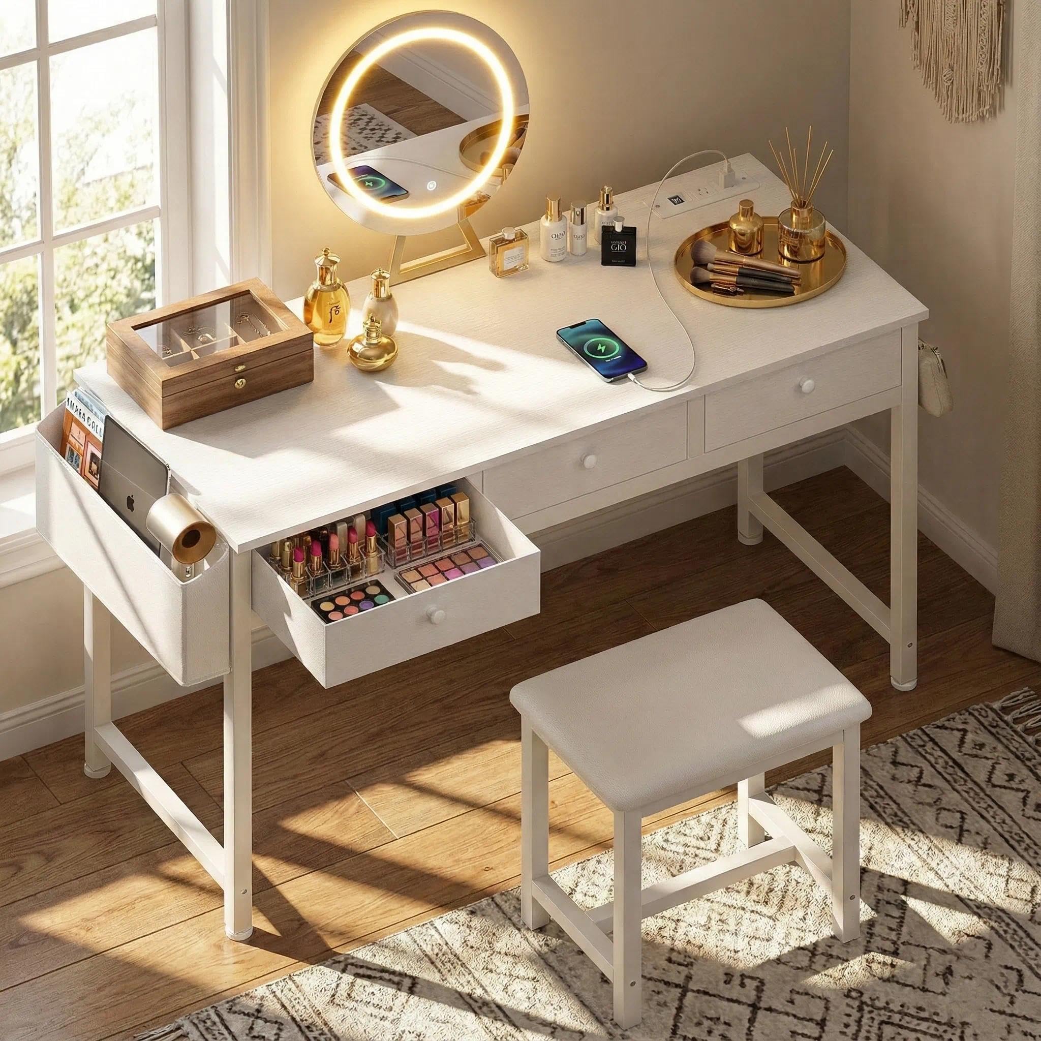 white makeup vanity desk with mirror and lights big vanitys set with chair, drawers and power outlet, dressing table vanities for girls bedroom 47“