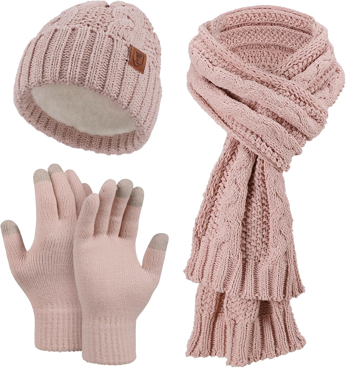 OZERO Scarf and Gloves Set for Women: Warm Knit Touchscreen Glove Slouchy Polar Fleece Lined Beanie Hat Scarf