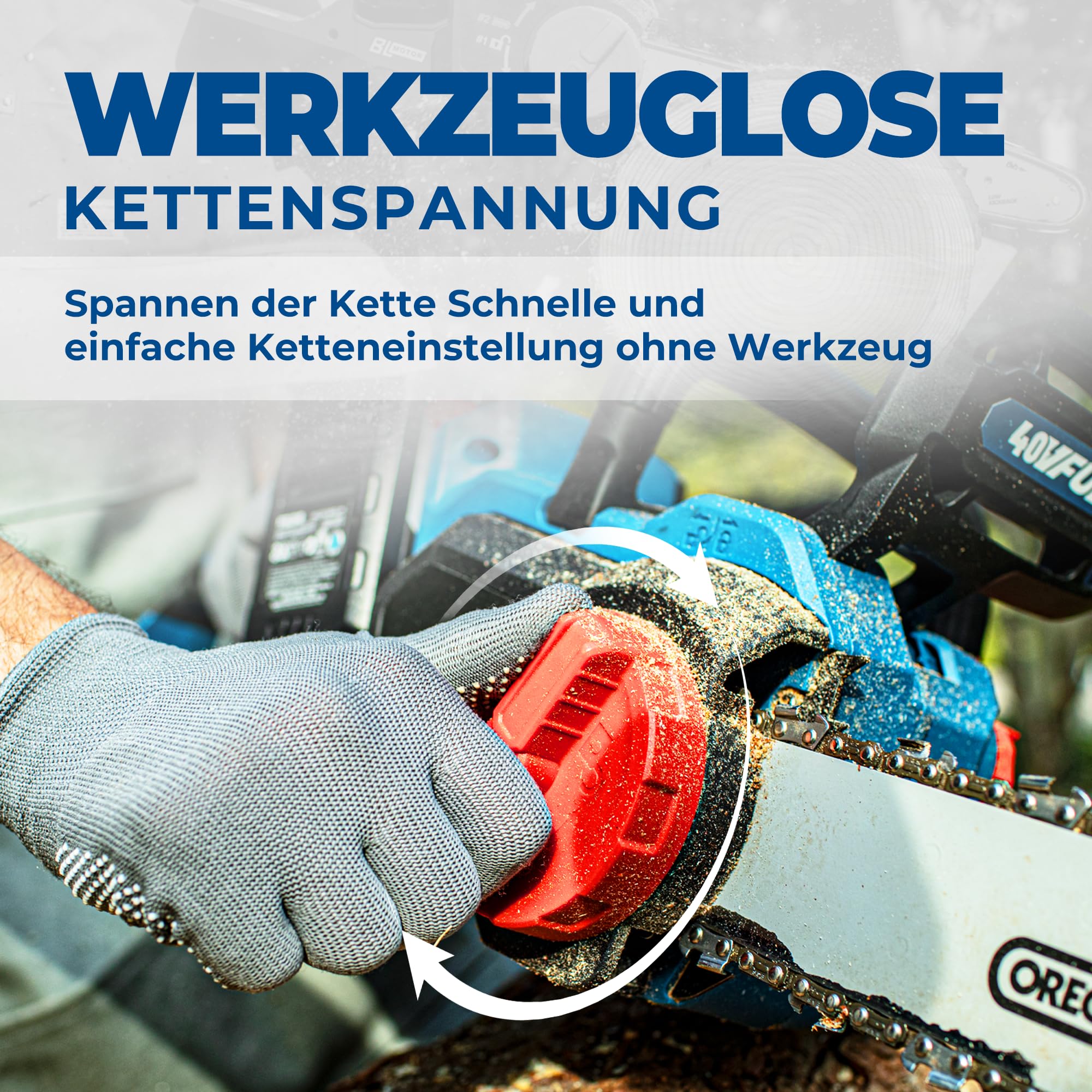 Dong Cheng Bürstenlose Akku Kettensäge 40V(2×20) V mit Oregon-Führungsschiene und Kette, werkzeuglose Kettenspannung, 38cm Schnittlänge, 14m/s Kettengeschwindigkeit für Holz und Gartenarbeit