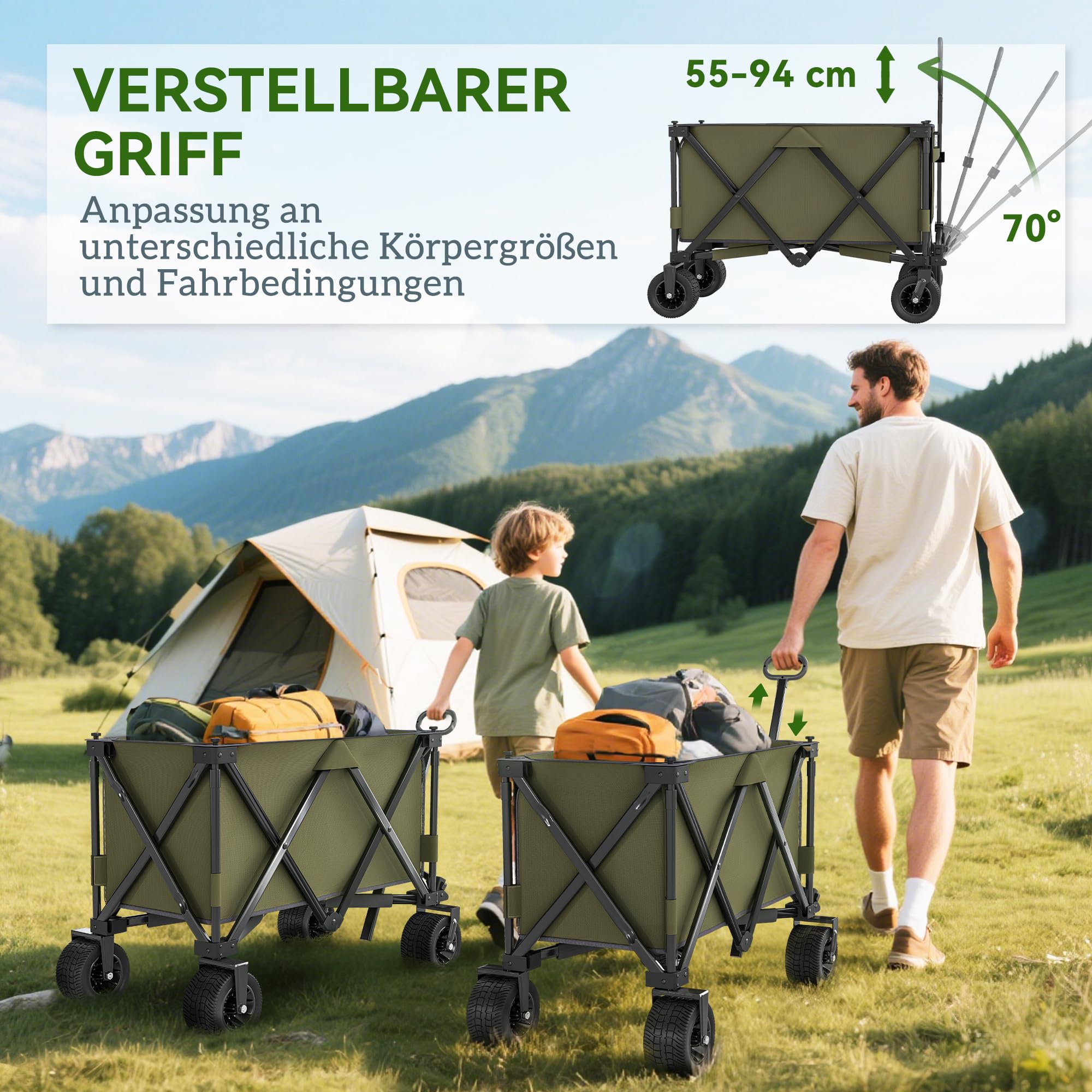 Outsunny Bollerwagen Faltbarer Handwagen mit Verstellbarem Griff Grün | Schwerlast Strandwagen, Taschen, Gartenwagen mit Breiten Drehrädern, Transportwagen bis 120 kg Belastbar