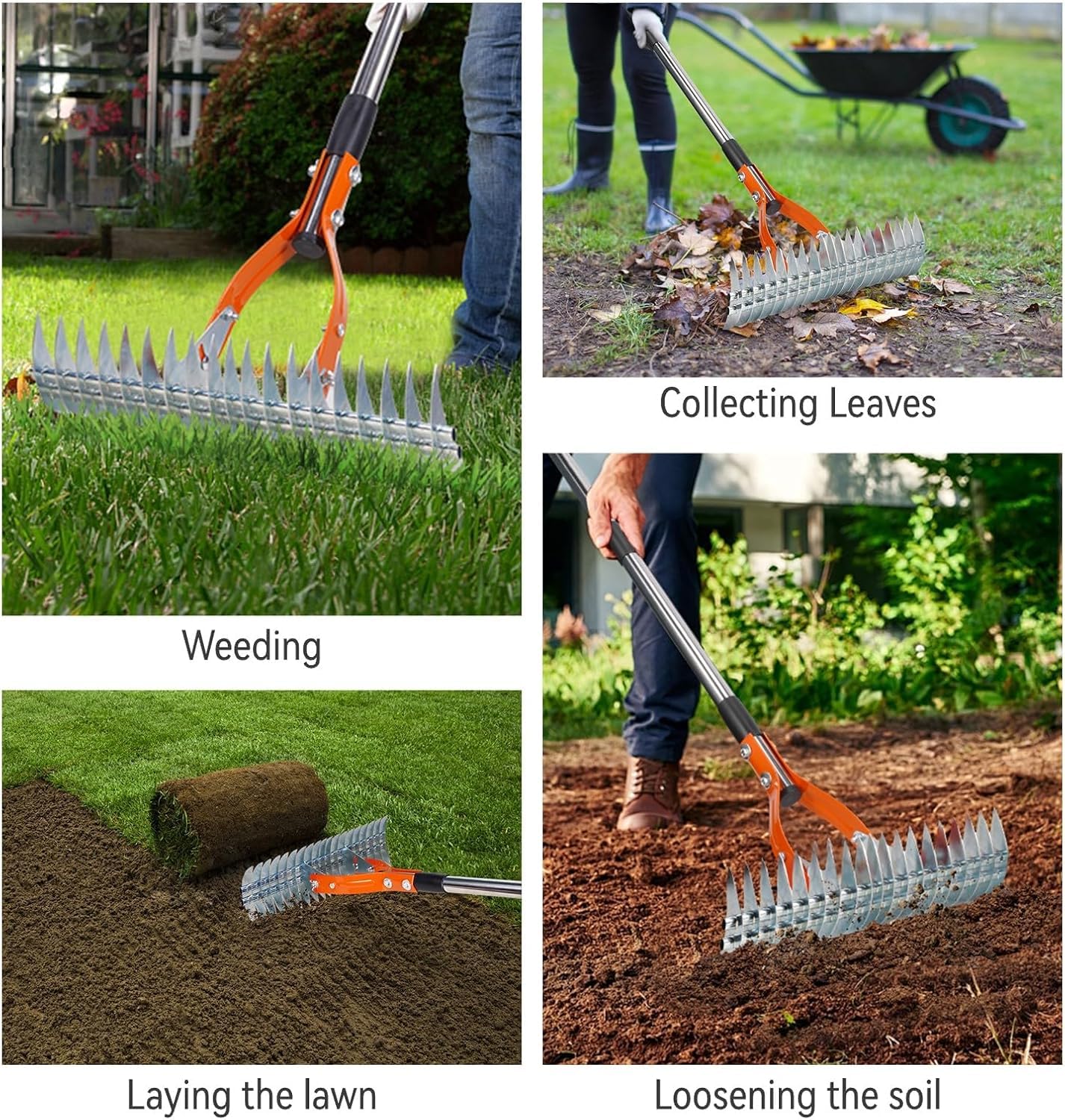 Gartenrechen Vertikutier-Rechen für den Rasen, mit Verstellbarem Stiel, Robuster Rasenrechen Rasenpflege Werkzeug für Sauberes Rasenfilz & Laub