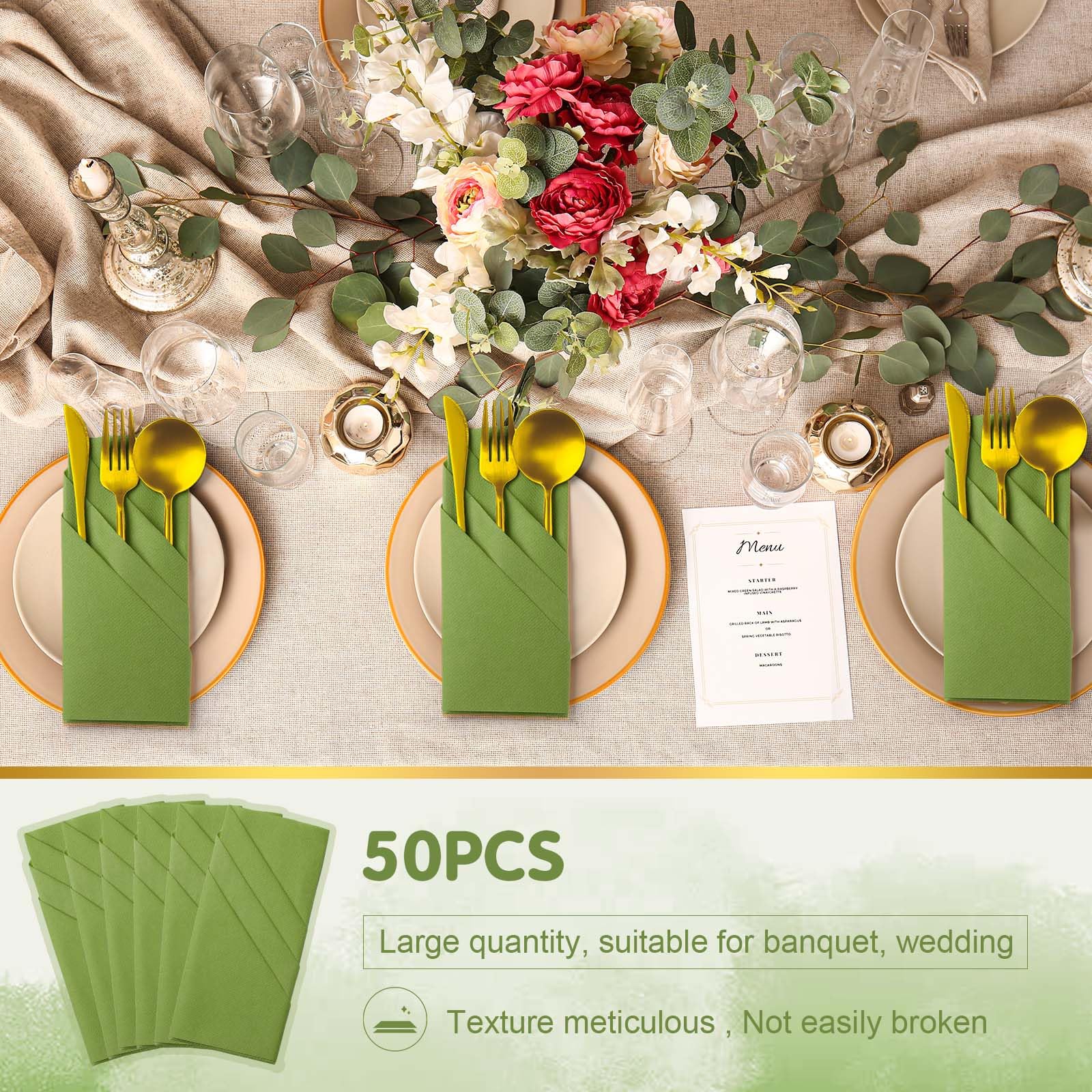 Qilery 50 servilletas de papel de lino, desechables, preplegadas, con bolsillo integrado para cubiertos, San Valentín, boda, fiesta, Navidad, color verde