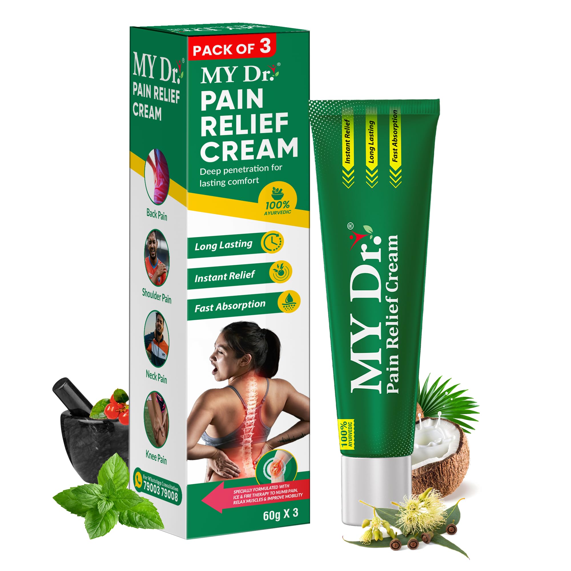MY Dr. Pain Relief Cream | Instant Relief for Back, Knee, Neck, Shoulder & Muscle Pain |100% Ayurvedic, Non-Sticky, Fast Absorbing Pain Cream| Long-Lasting Comfort | 60g(50g+10g Free) (Pack of 2)