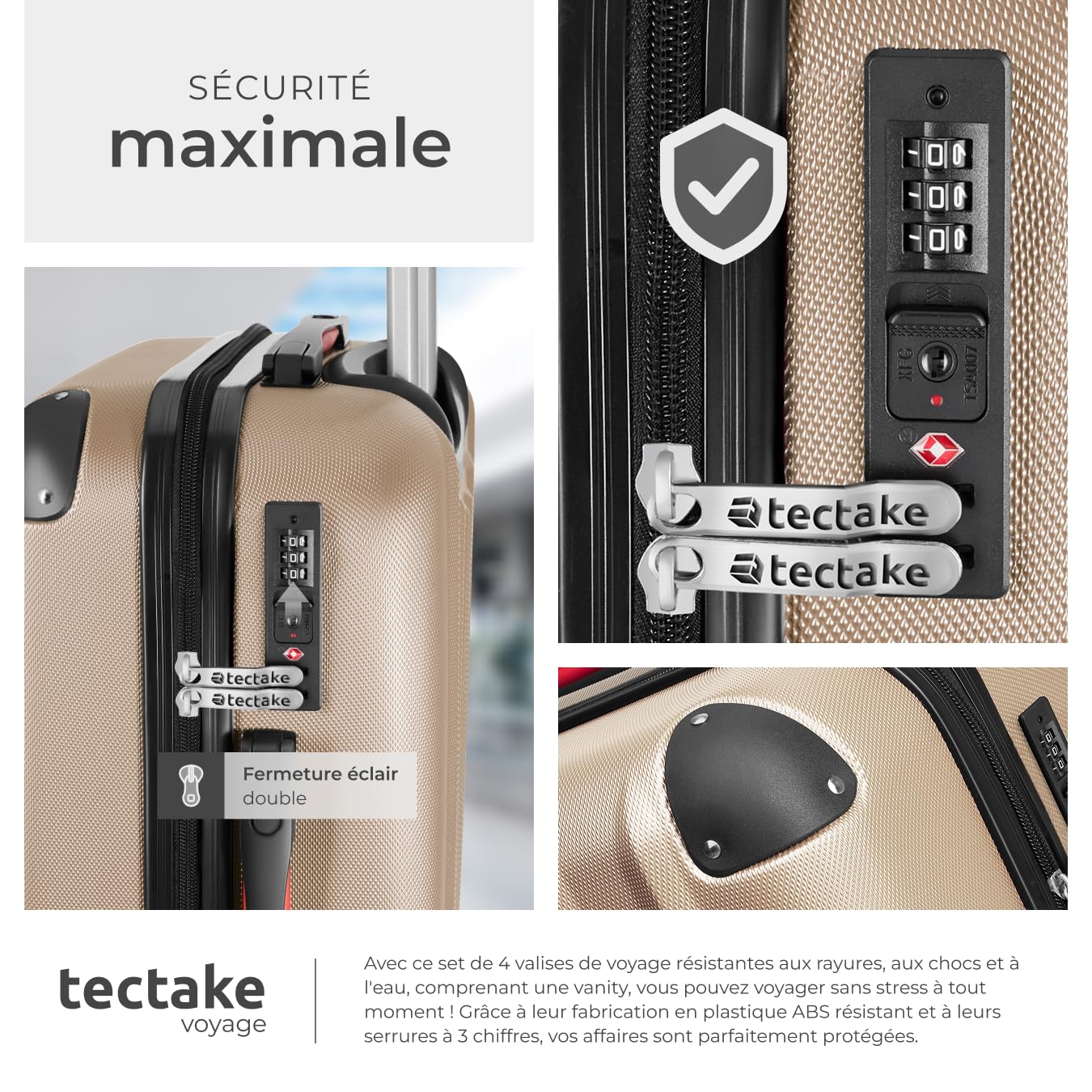 tectake Lot de 4 Valises de Voyage Valise Grande Taille Valise Cabine Valise soute Multifonction en ABS Polypropylène, Valise de Voyage à roulettes Valise avec Trousse de Toilette - Champagne