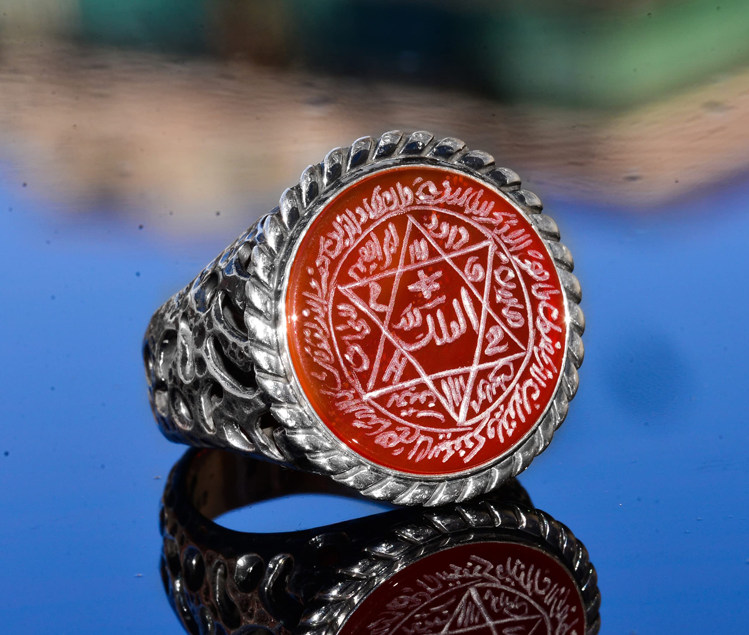 KAMBO - Anillo árabe hecho a mano con piedra cornalina, anillo de plata de ley para hombre, emblema de estrella de Salomón, símbolo de valor y vitalidad, Plata, Cornalina