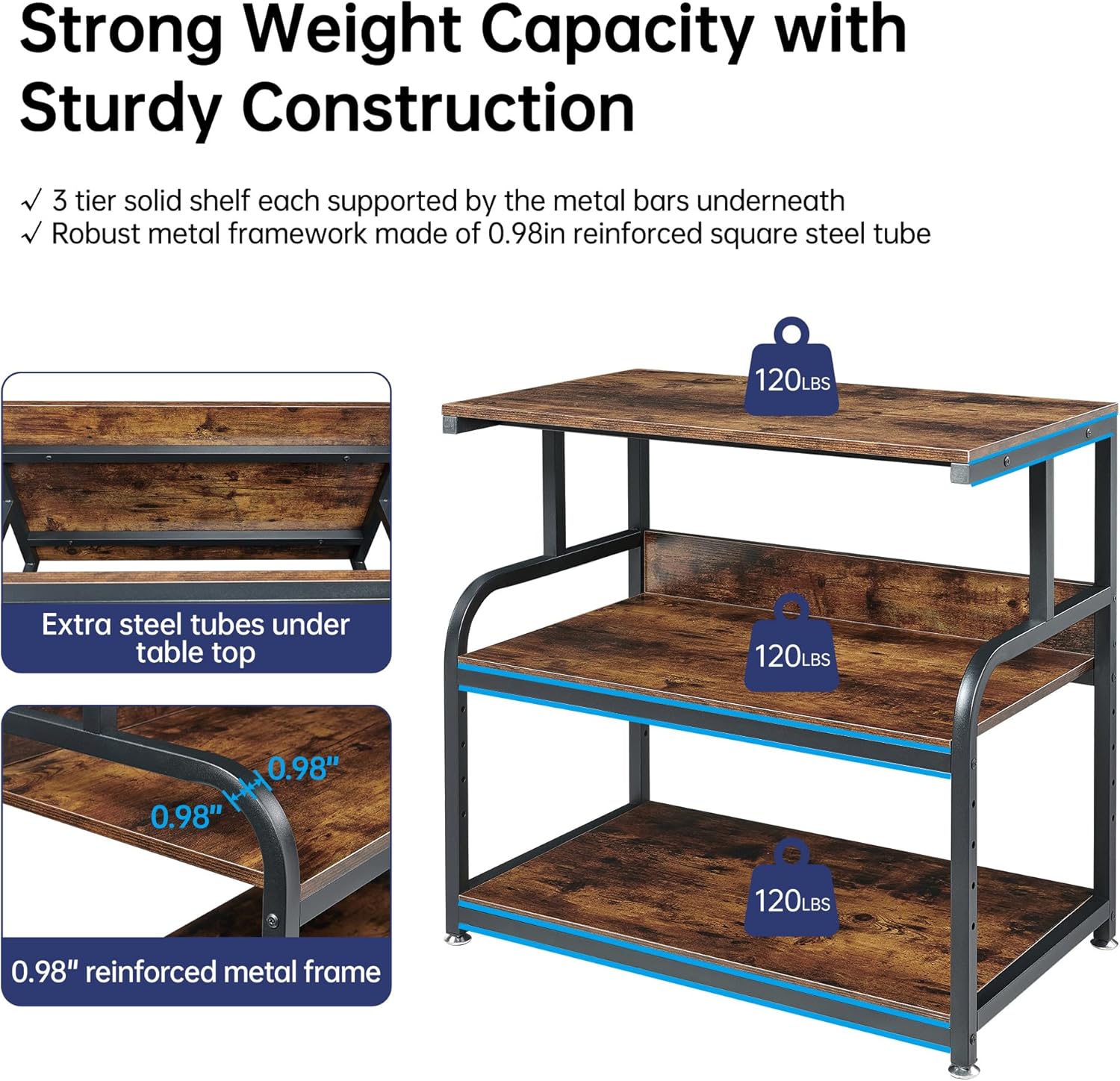 Fannova 32.3" Wide Extra Large Printer Stand, 3 Tier Printer Table with Adjustable Storage Shelf, Rolling Printer Cart with Industrial Wheels for Home Office, Rustic Brown