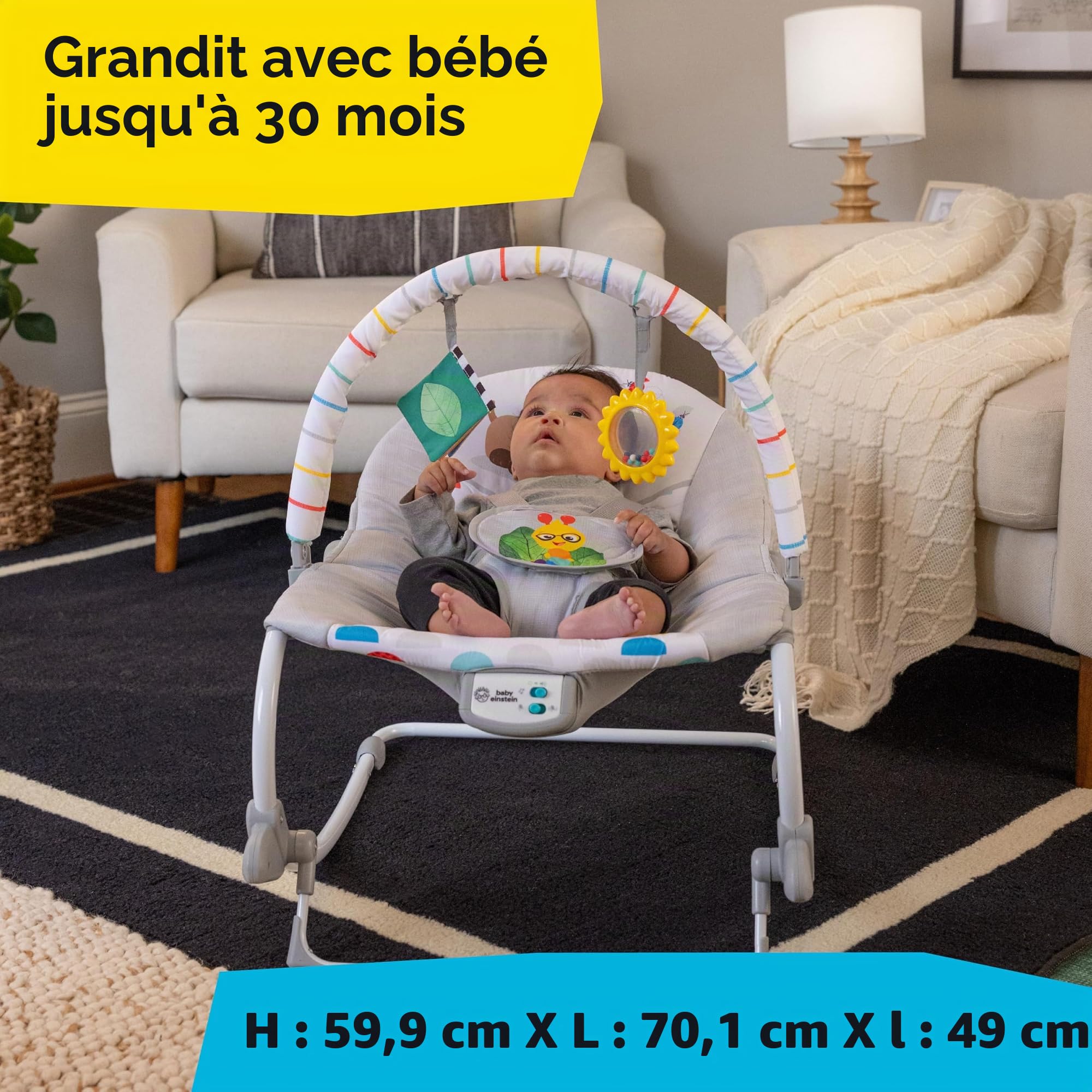 Baby Einstein, Transat Musical Dean's Discovery Spot, Transat 2-en-1 Bébé et Tout-Petit, Vibrations Apaisantes, Inclinaison 2 Positions, Jouets Amovibles, 0 Mois+, Max 18kg, 70x49x60 CM