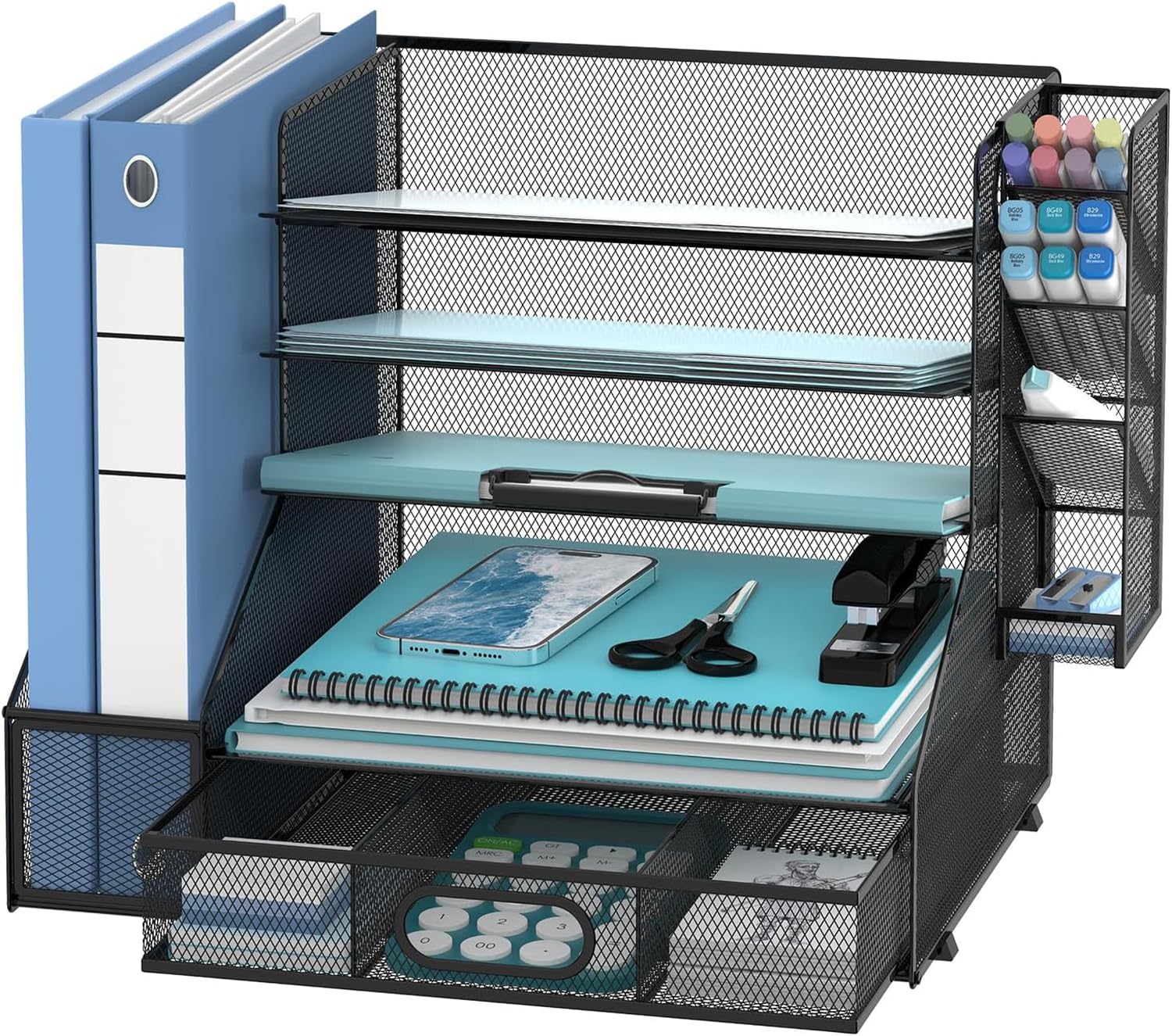 Organizador de escritorio de malla con soporte para archivos, organizador de bandeja de cartas de papel de 5 niveles con cajón y revistero (Negro con portalápices)