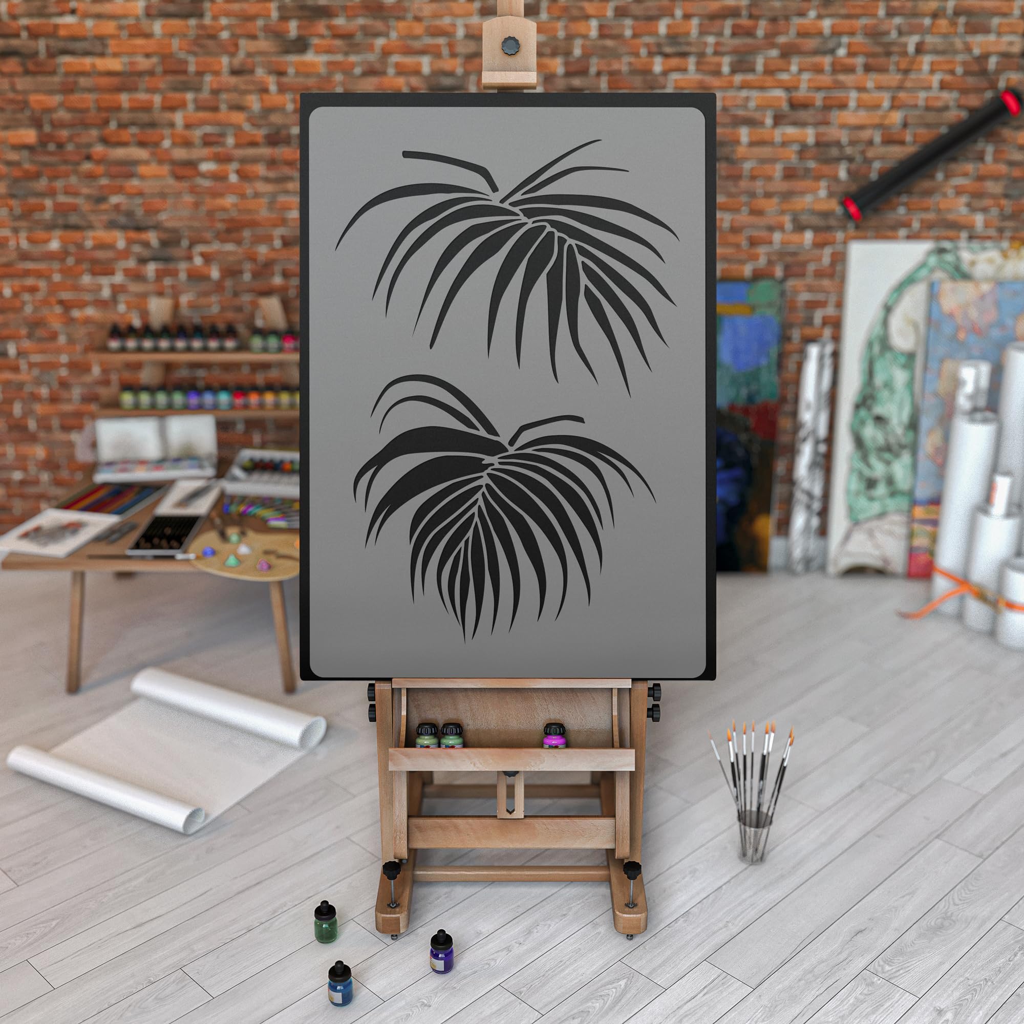 NAKLEO Pochoir de Fleurs pour Peinture Murale Grand Format 43x64cm, Modèle en Plastique et Réutilisable, Fronde Palmier Areca, DIY Bricolage Artisanat Décoration a Peindre, Bois Tissu Mueble