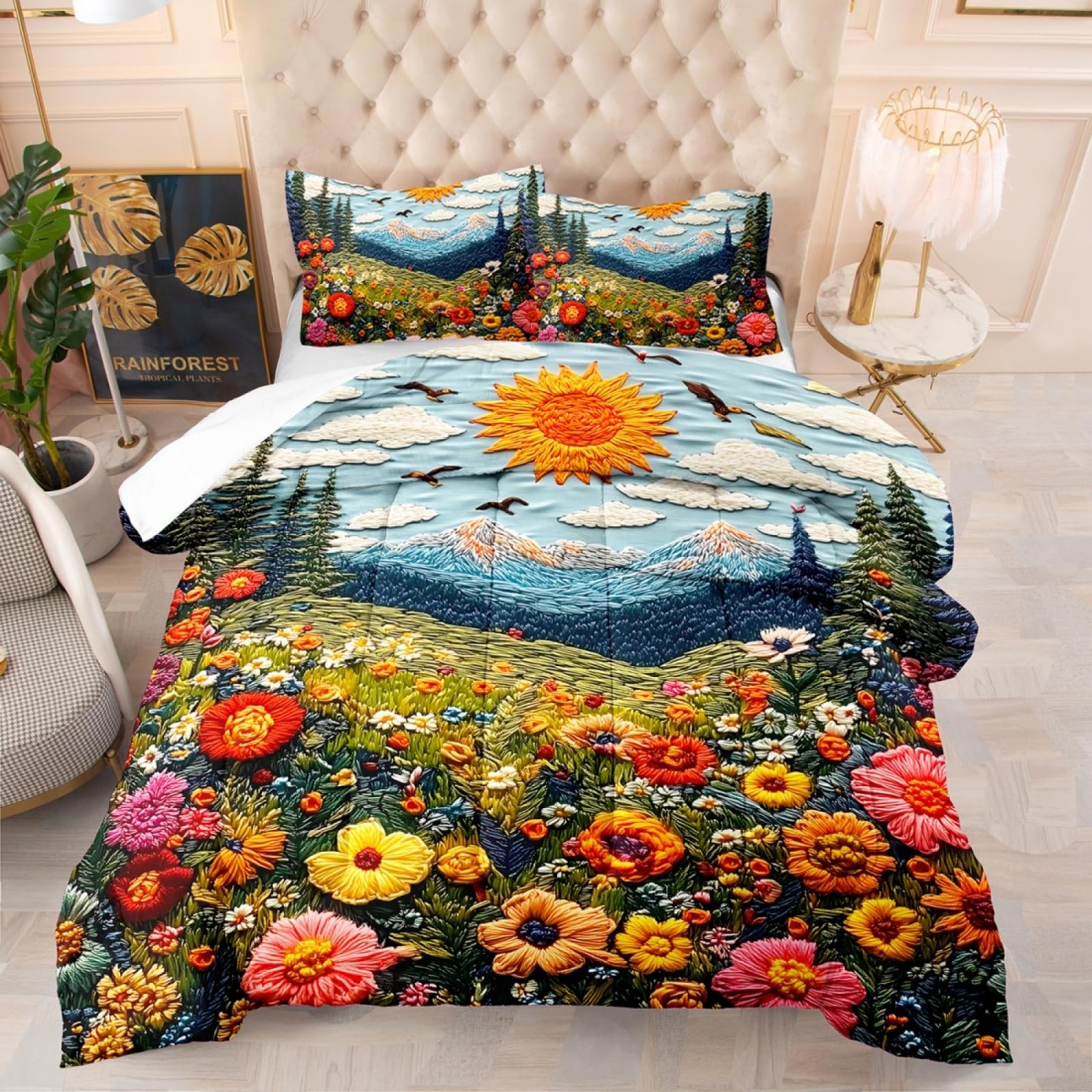 Edredon Verde Animal Naranja Colchas Microfibra Duvet Transpirable Edredones 4 Temporadas Colcha Cama Lavable Edredón Duradero Funda Nordica+2 Fundas de Almohada (50x75cm) 203x228cm
